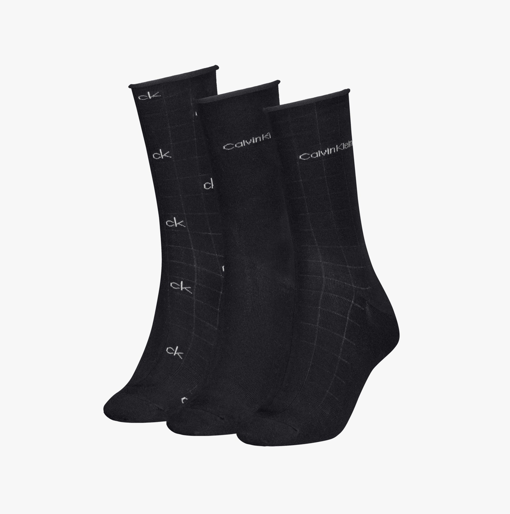 Calvin Klein 3 Pack Giftbox Grid Womens Socks Black side view showing three pairs with grid pattern and logo.