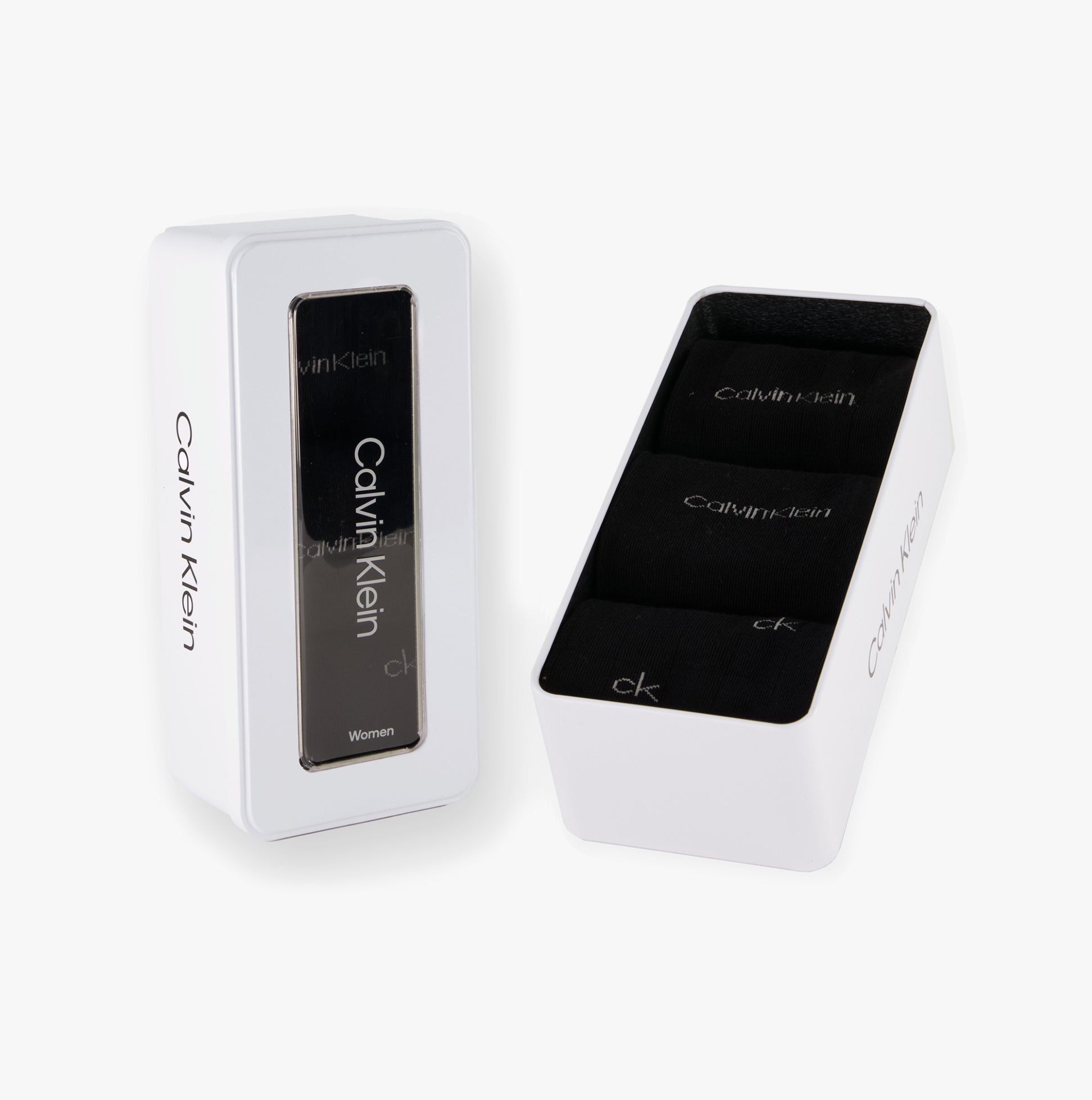 Calvin Klein 3 Pack Giftbox Grid Womens Socks Black in a sleek gift box, showcasing three pairs of black crew socks.