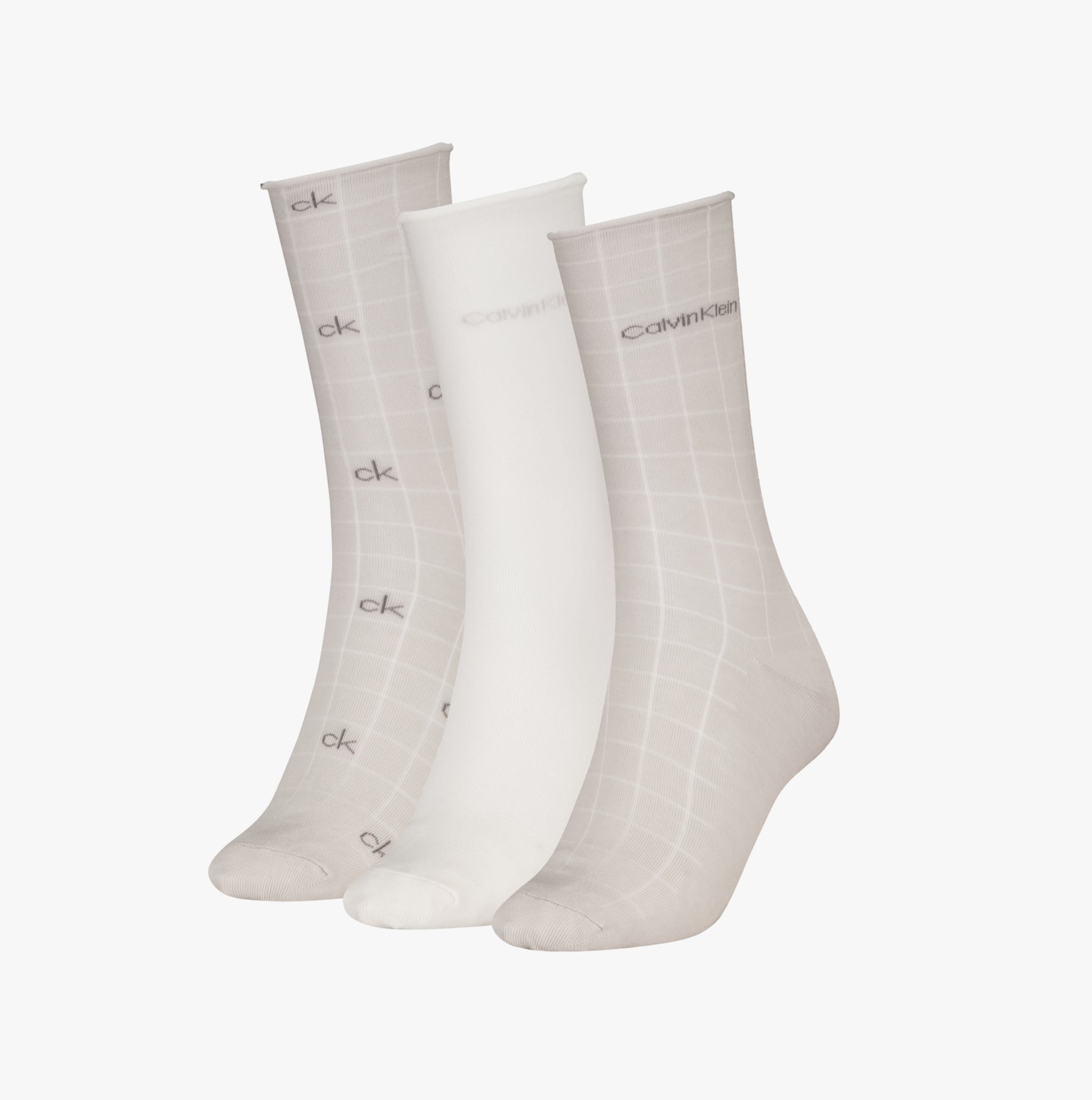 Calvin Klein 3 Pack Giftbox Grid Womens Socks Light Grey front view showing three styles in light grey and white.
