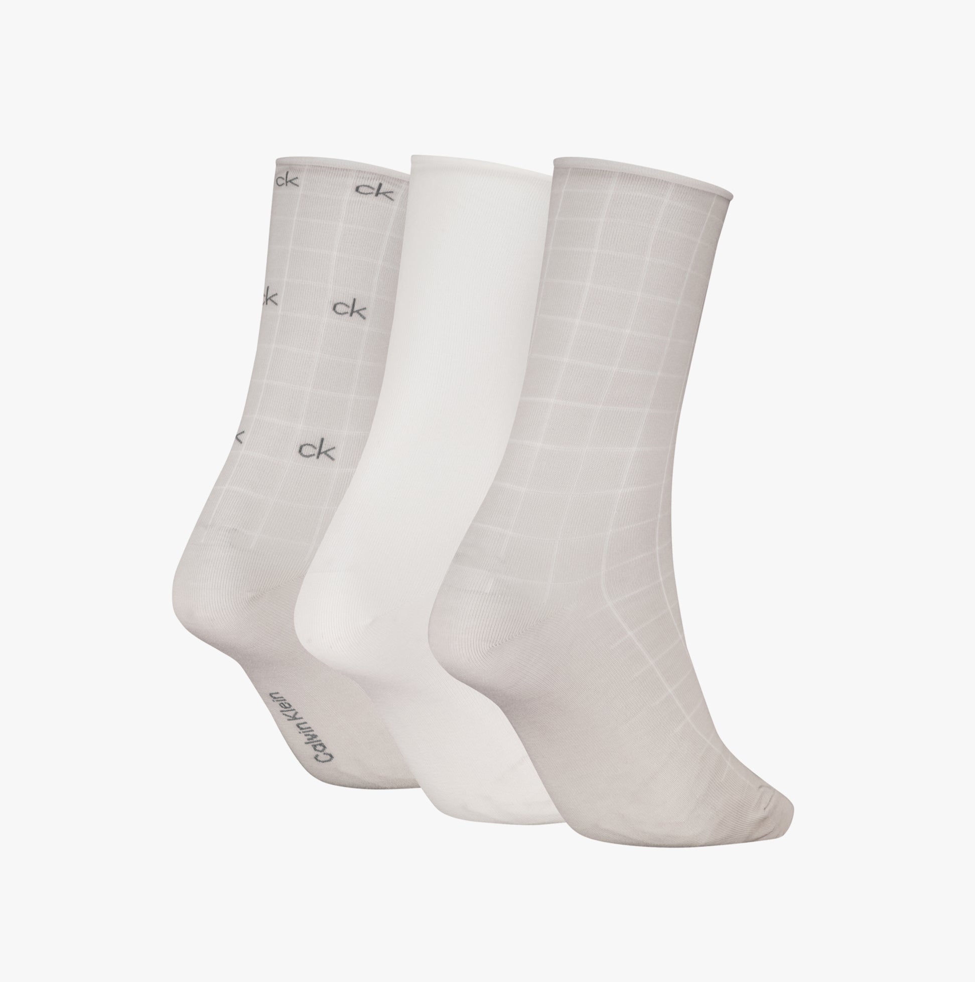 Calvin Klein 3 Pack Giftbox Grid Womens Socks Light Grey front view showcasing three pairs of socks in light grey with grid pattern.