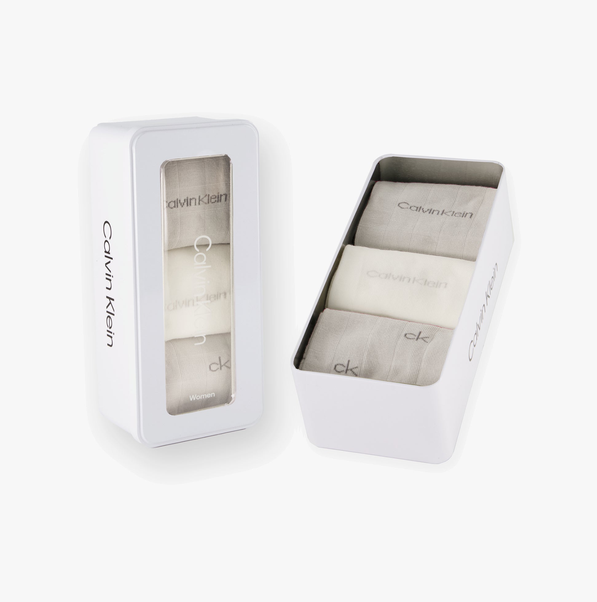 Calvin Klein 3 Pack Giftbox Grid Womens Socks Light Grey in white gift box showing three pairs of socks with logos.