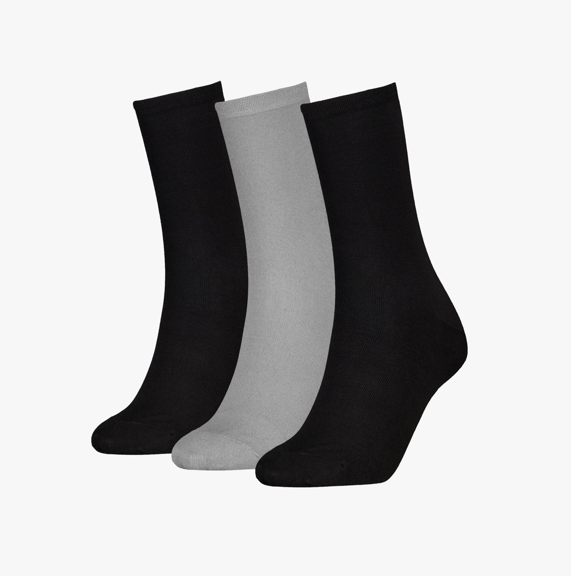 Calvin Klein 3 Pack Giftbox Lurex Womens Socks Black - side view showing black and grey crew socks in a gift box.