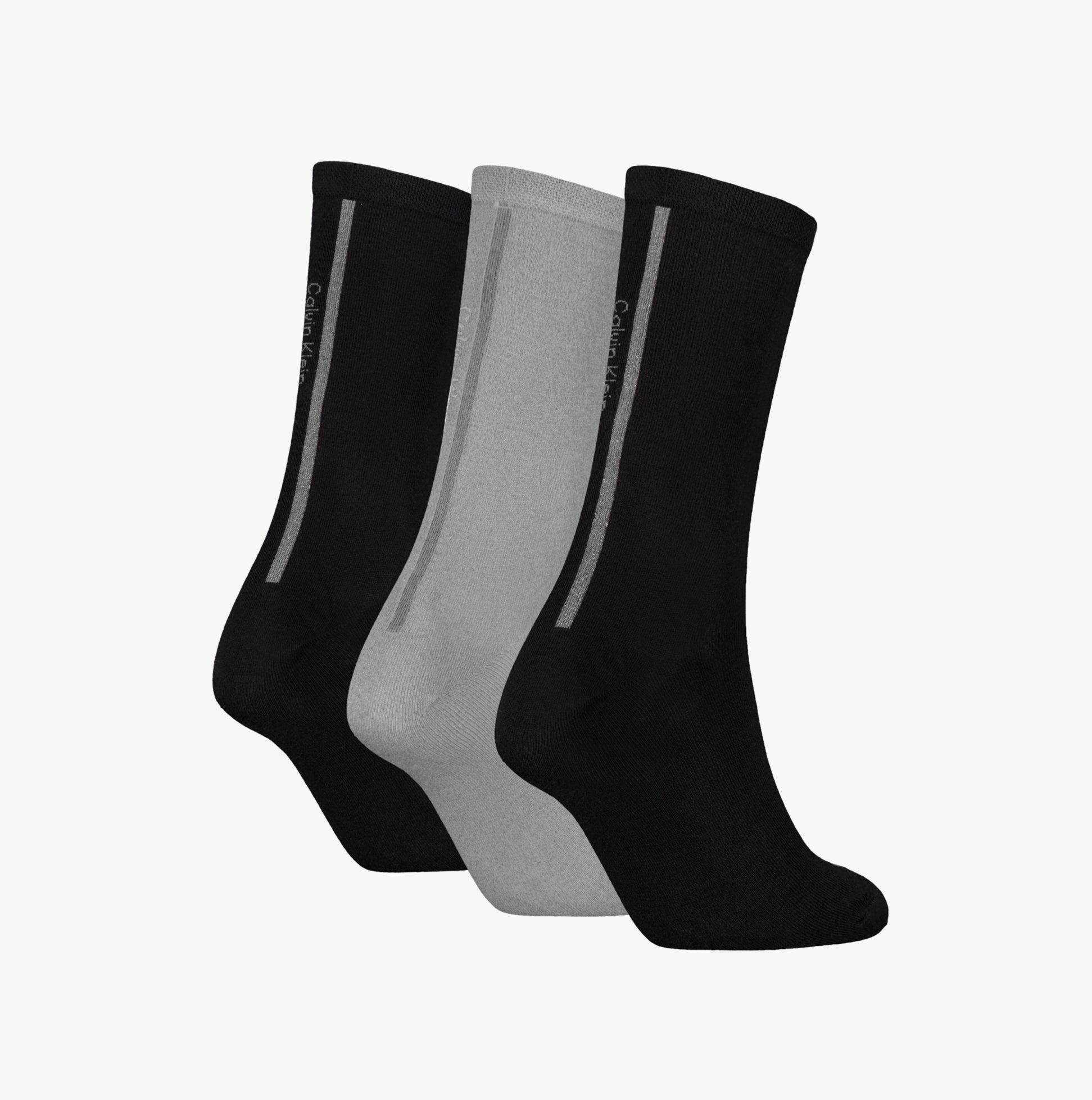 Calvin Klein 3 Pack Giftbox Lurex Womens Socks Black side view featuring black and grey socks in gift box.