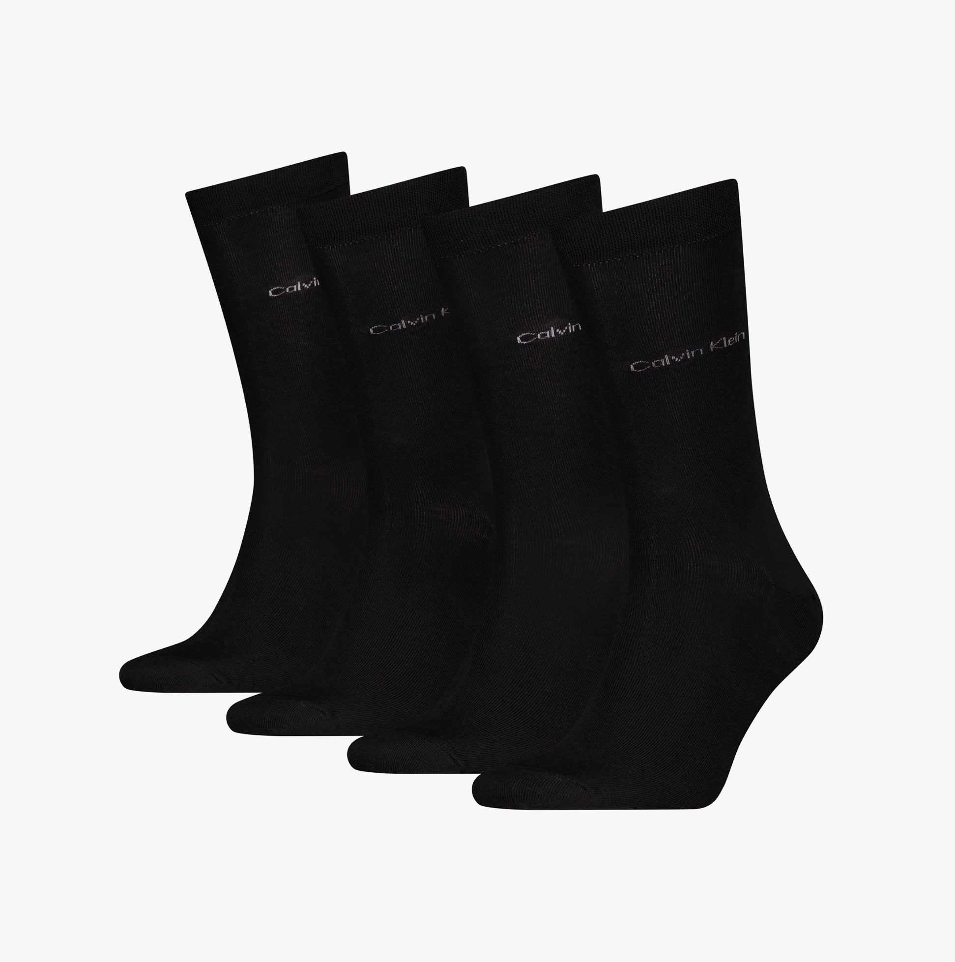 Calvin Klein 4 Pack Giftbox Classic Mens Socks Black - Front view showcasing four black crew socks with logo.