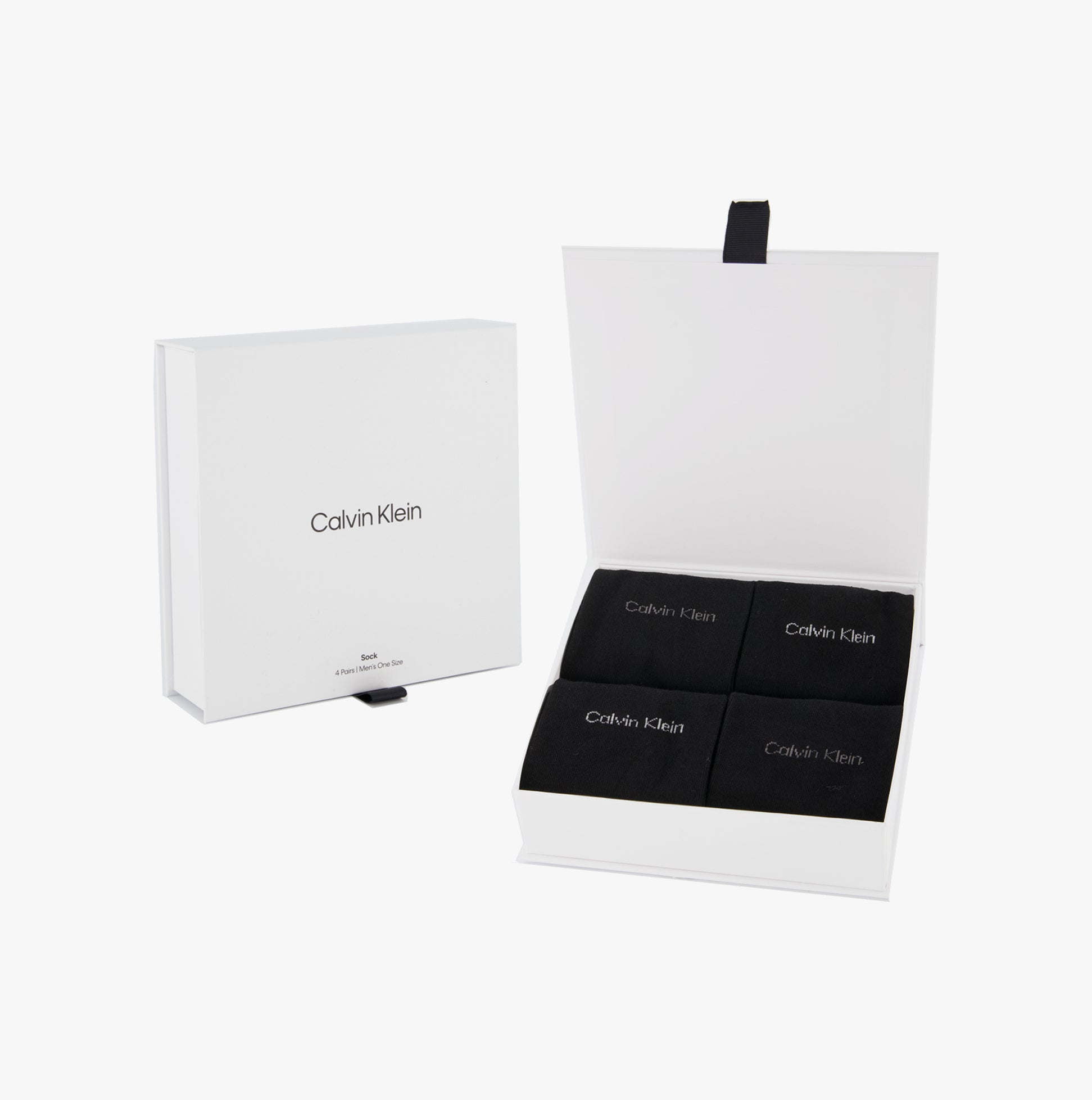 Calvin Klein 4 Pack Giftbox Classic Mens Socks Black displayed in an open gift box, featuring four pairs of black crew socks.