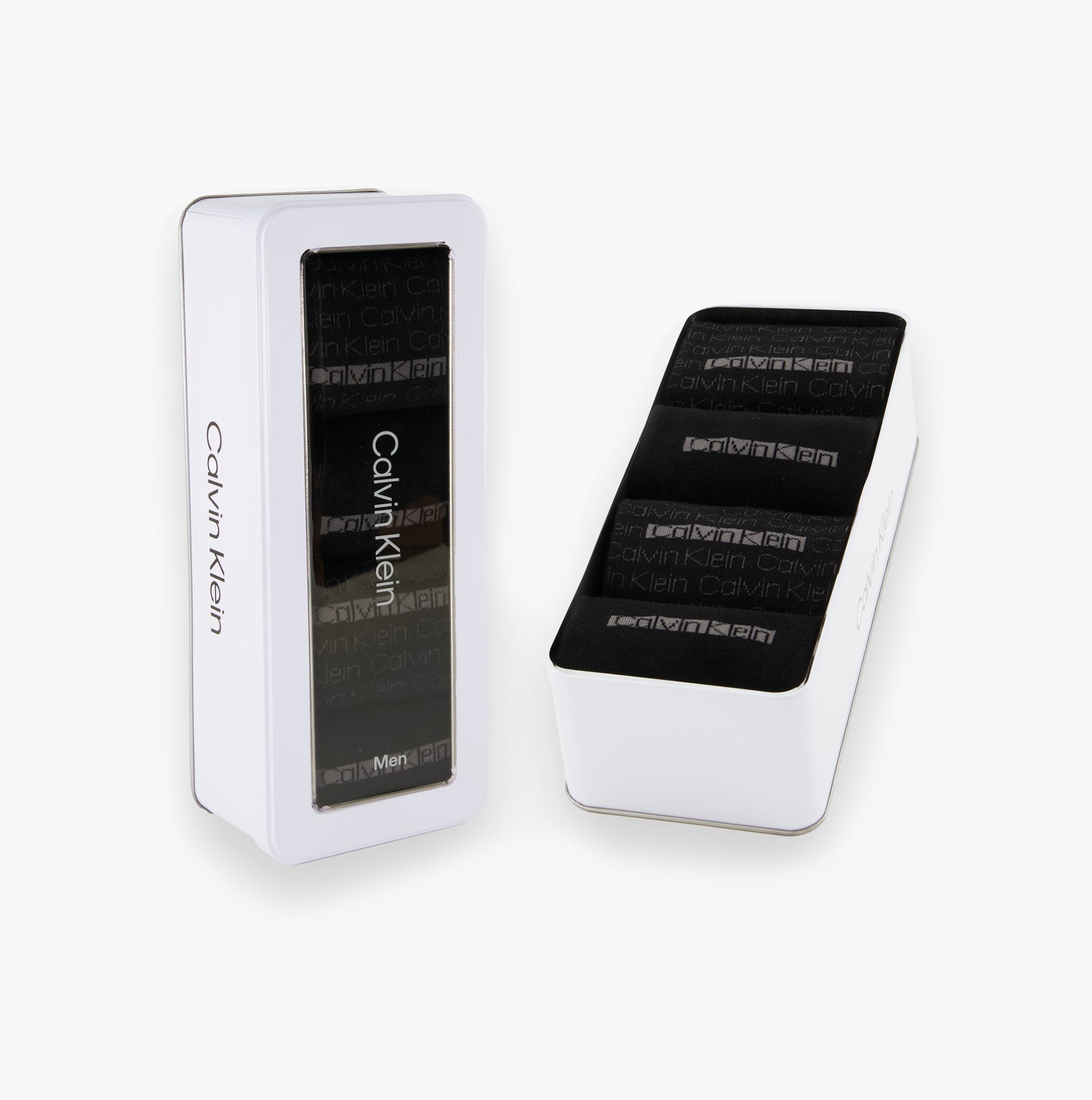 Calvin Klein 4 Pack Giftbox AOP Mens Socks Black side view in a sleek gift box packaging