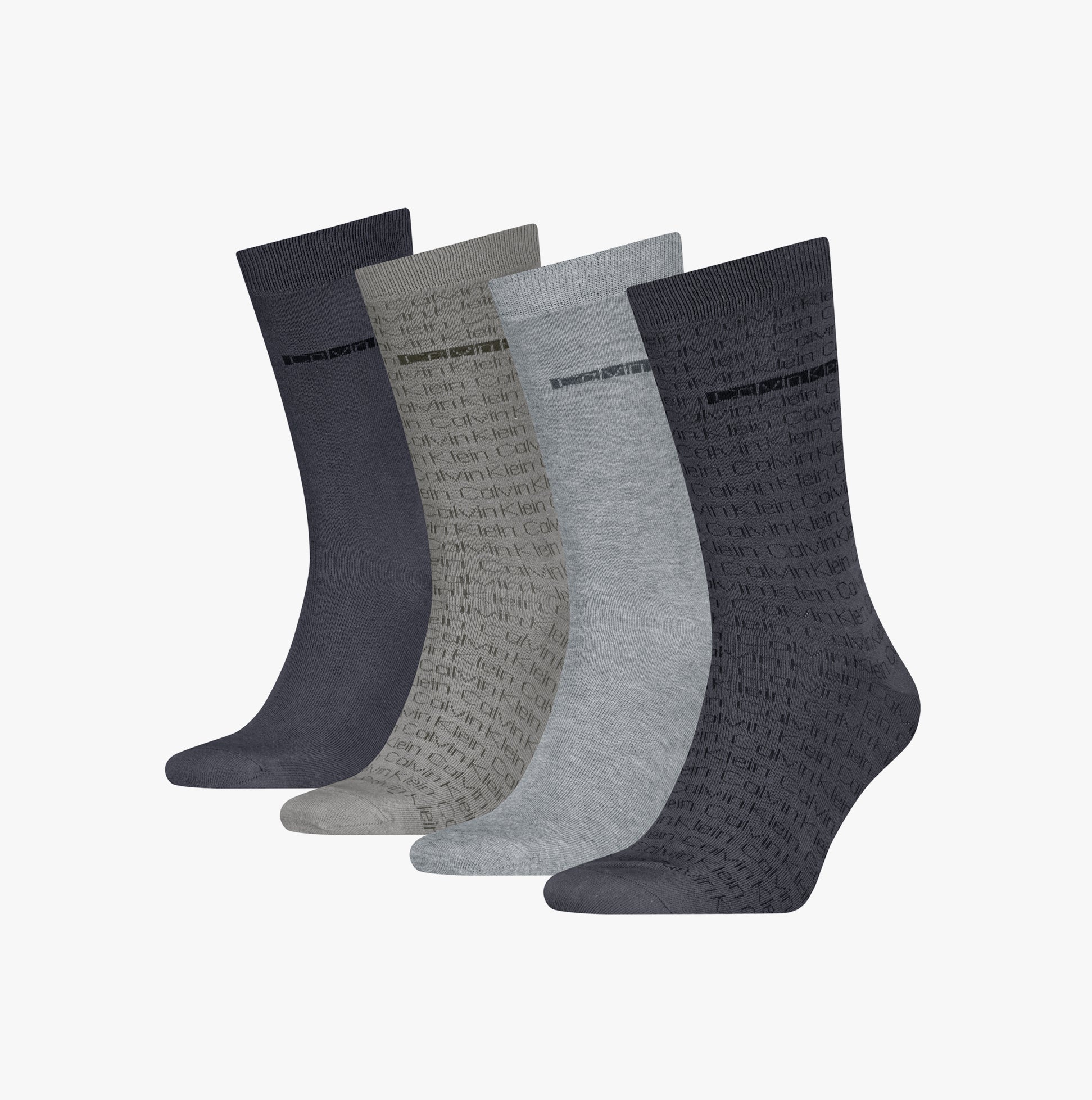 Calvin Klein 4 Pack Giftbox AOP Mens Socks Grey Combo front view showcasing four different shades of grey socks.