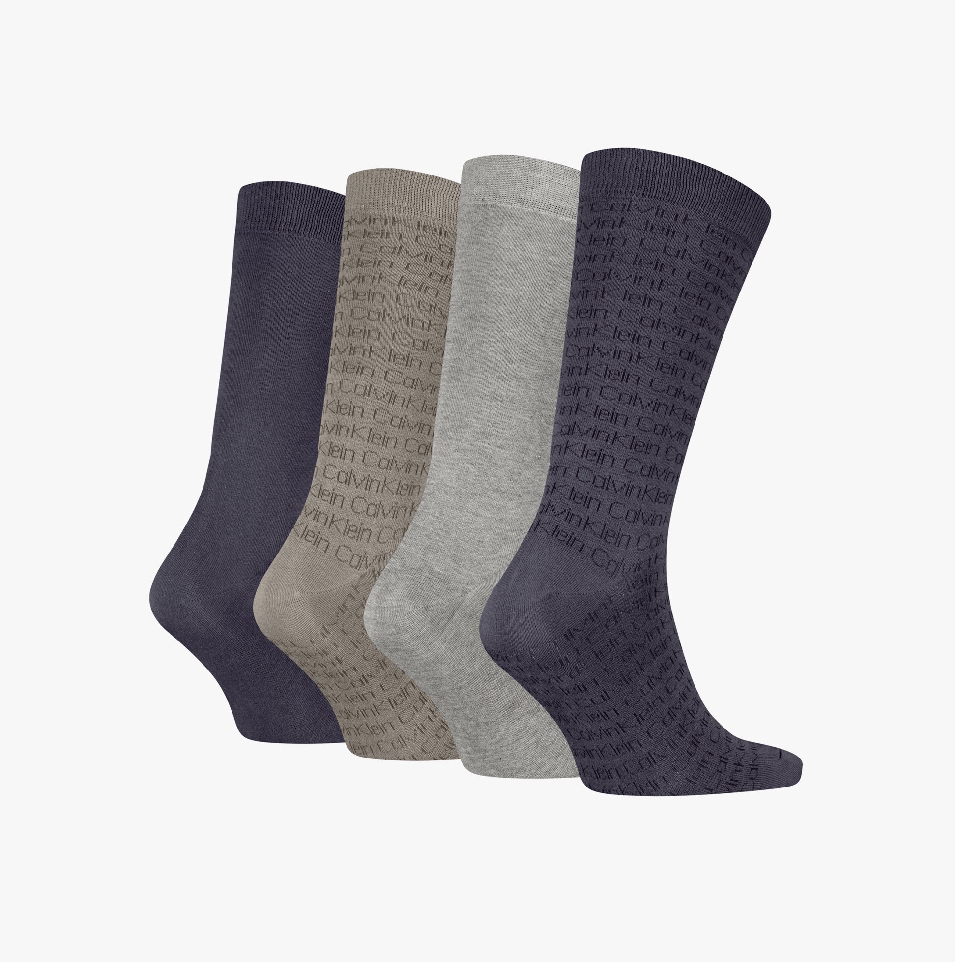 Calvin Klein 4 Pack Giftbox AOP Mens Socks Grey Combo side view of four socks in varying shades of grey and navy.