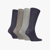 Calvin Klein 4 Pack Giftbox AOP Mens Socks Grey Combo side view of four socks in varying shades of grey and navy.