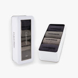 Calvin Klein 4 Pack Giftbox AOP Mens Socks Grey Combo in elegant gift box view showing socks inside.