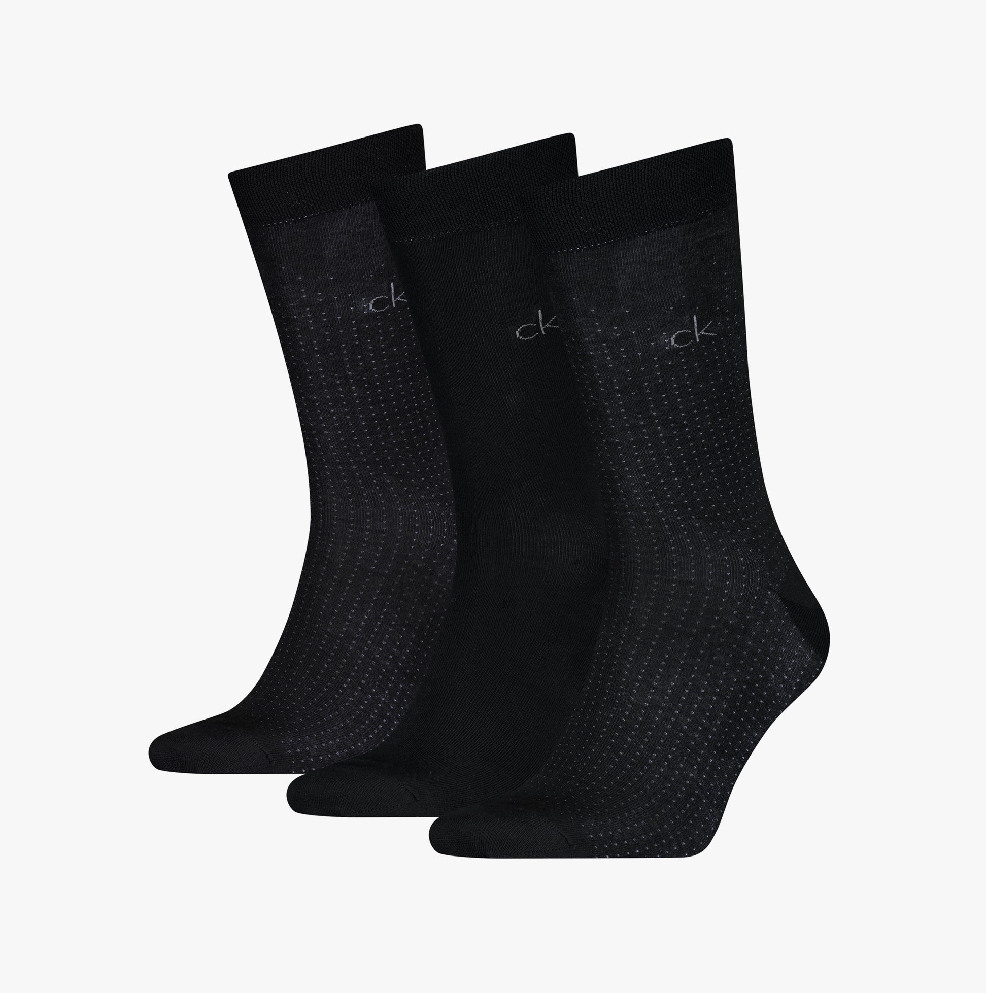 Calvin Klein 3 Pack Giftbox Dropknee Mens Socks Black, side view showcasing three pairs of black crew socks.
