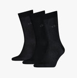 Calvin Klein 3 Pack Giftbox Dropknee Mens Socks Black, side view showcasing three pairs of black crew socks.