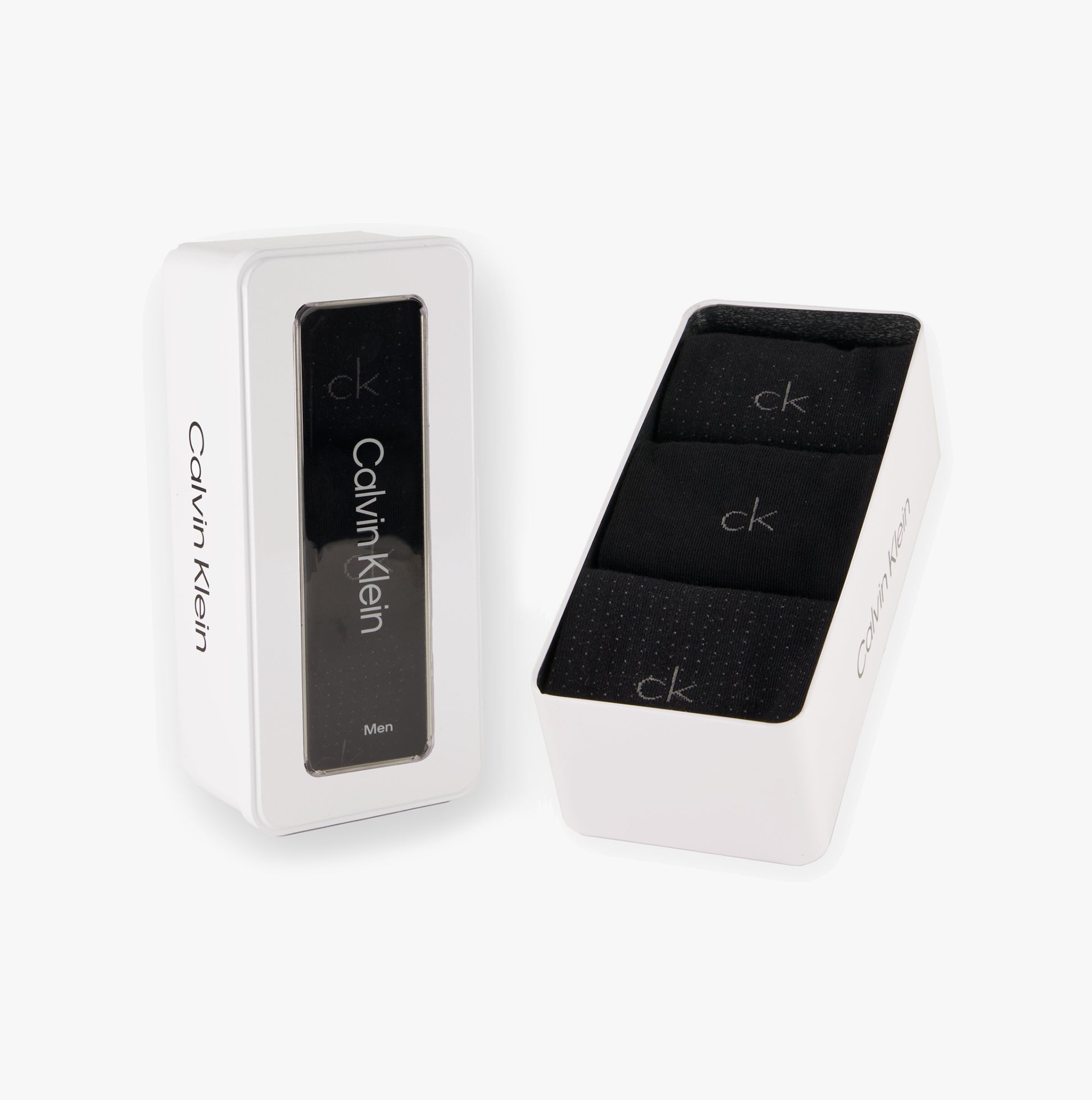 Calvin Klein 3 Pack Giftbox Dropknee Mens Socks Black in a gift box showing three pairs of black socks.