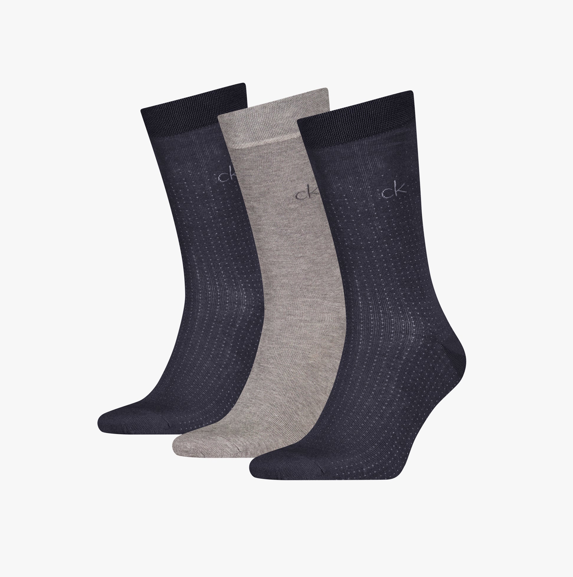Calvin Klein 3 Pack Giftbox Dropknee Mens Socks Grey Combo front view showing three pairs of socks in grey and dark shades.