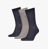 Calvin Klein 3 Pack Giftbox Dropknee Mens Socks Grey Combo front view showing three pairs of socks in grey and dark shades.