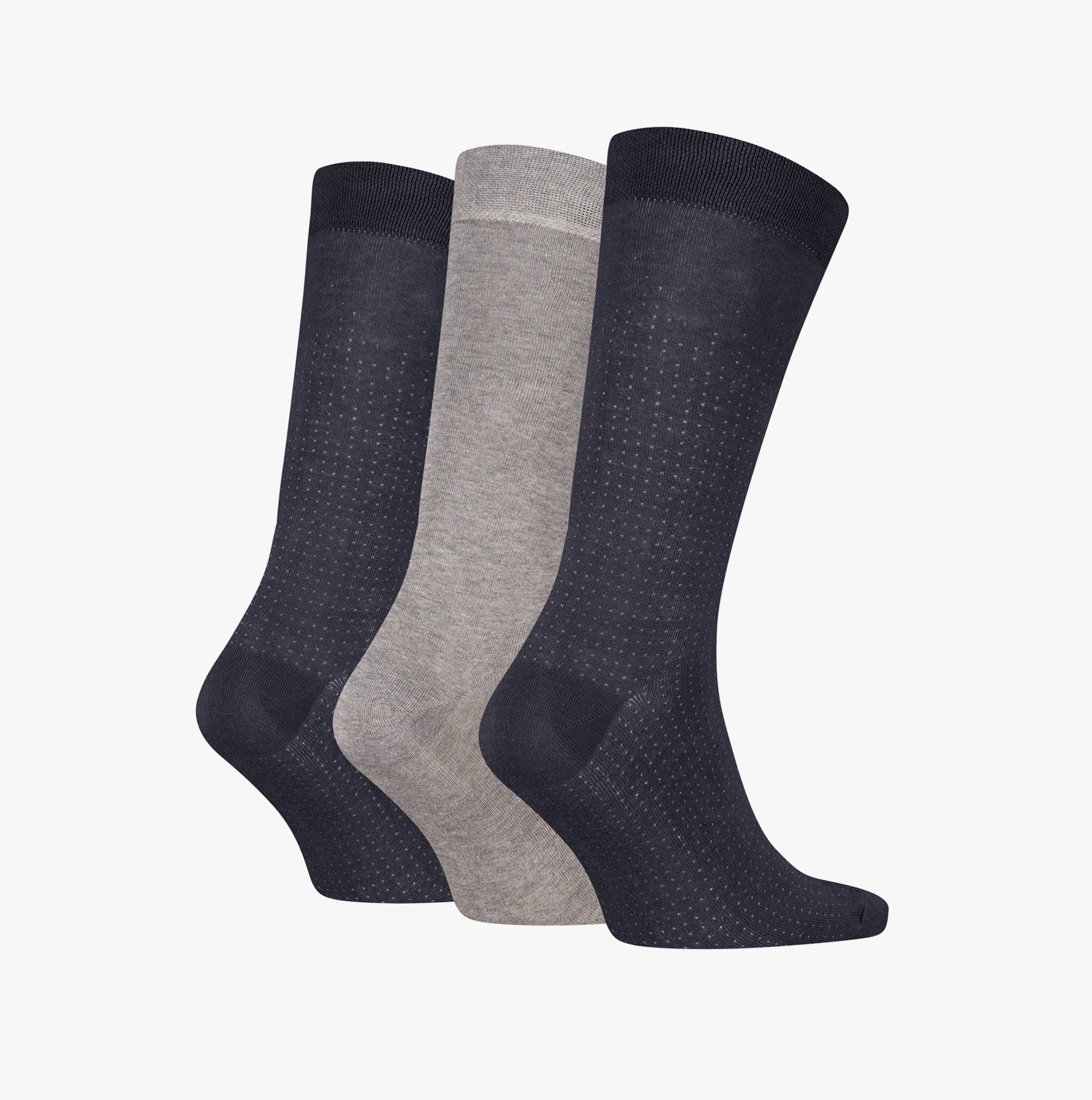 Calvin Klein 3 Pack Giftbox Dropknee Mens Socks Grey Combo side view showing three socks in navy and grey colors.
