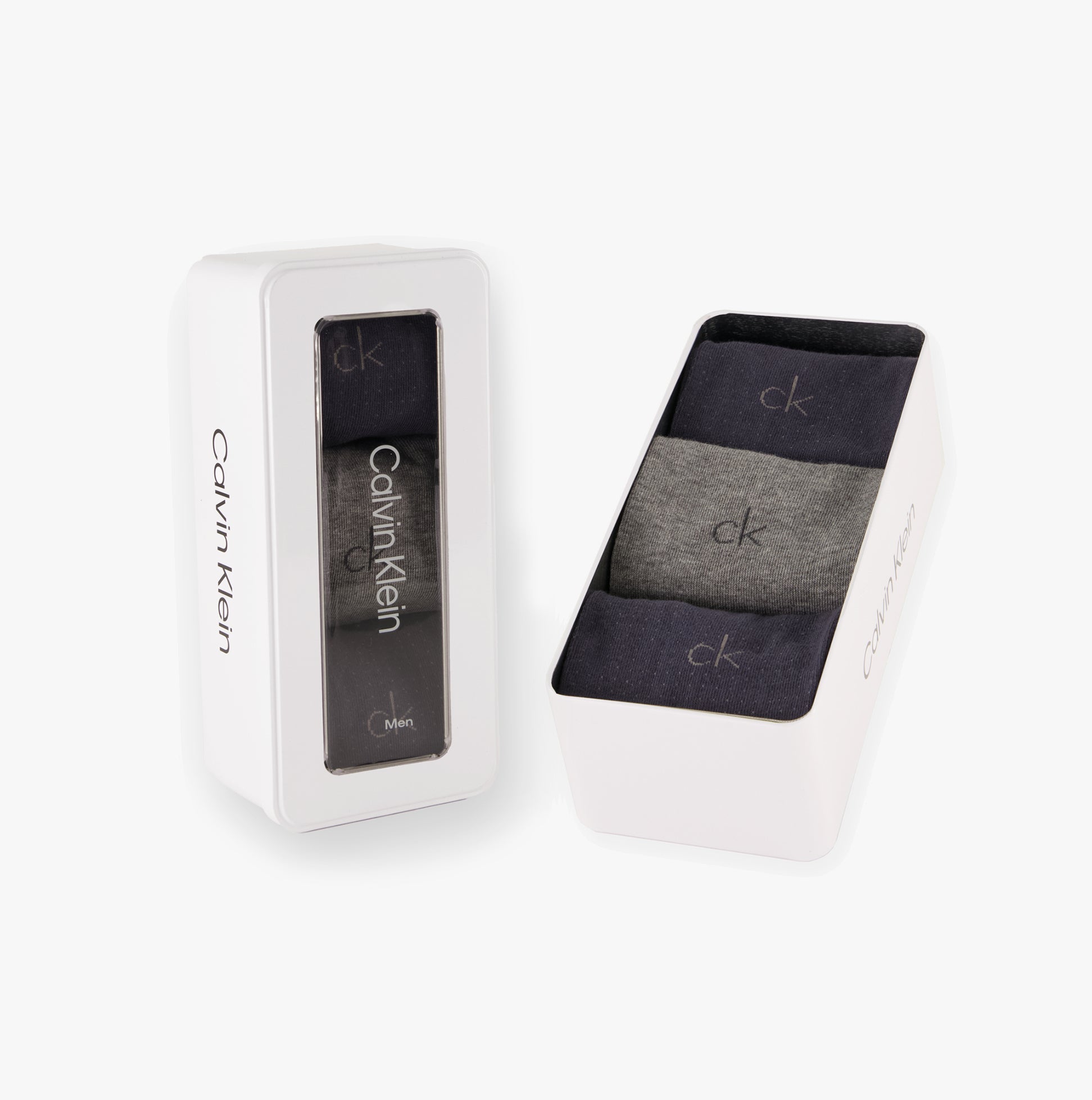 Calvin Klein 3 Pack Giftbox Dropknee Mens Socks Grey Combo in gift box, showcasing three pairs of socks in various grey shades.