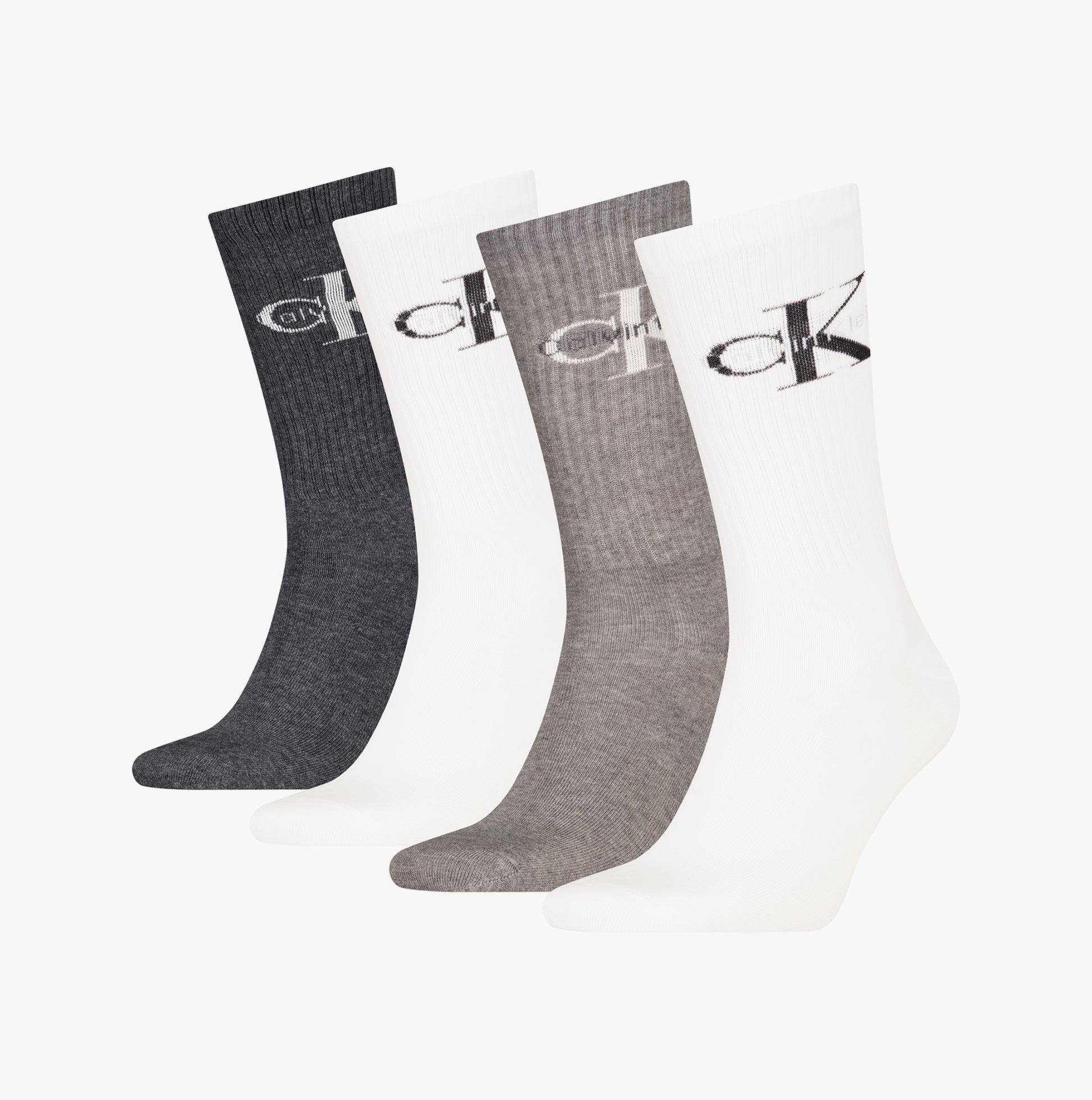Calvin Klein 4 Pack Giftbox Monologue Mens Socks Grey Melange/White front view displaying four pairs of socks in grey and white.