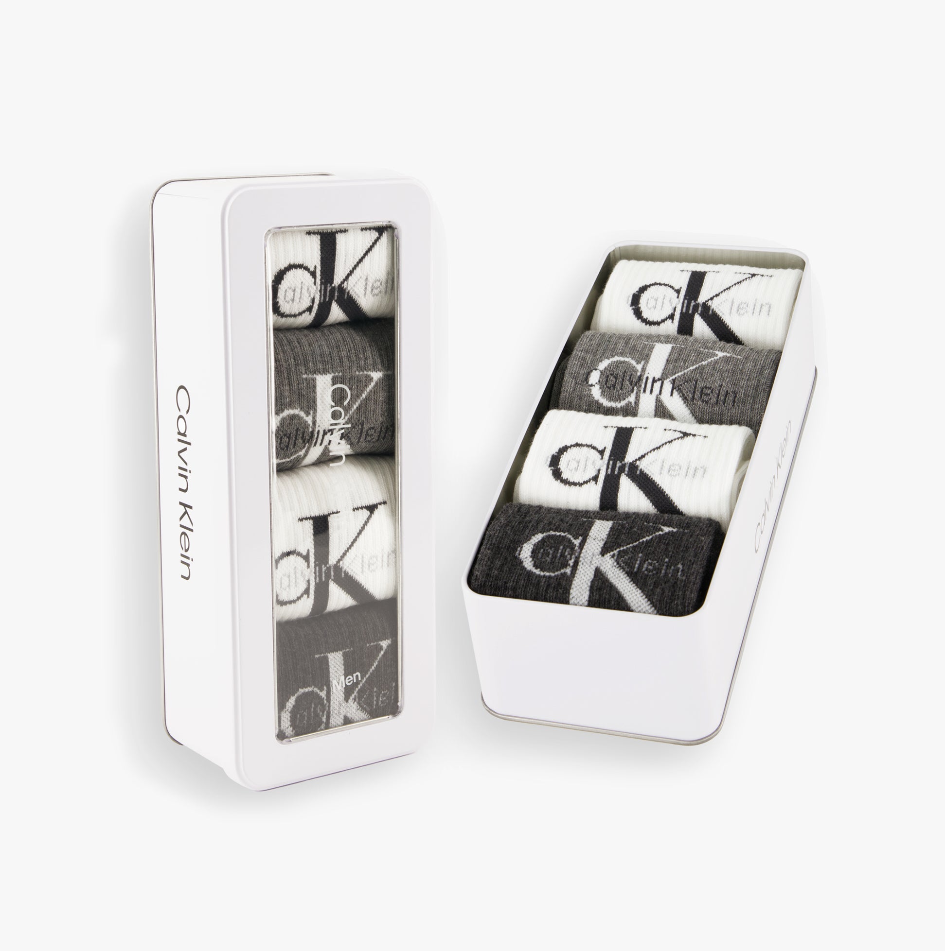 Calvin Klein 4 Pack Giftbox Monologue Mens Socks Grey Melange/White displayed in a stylish gift box with clear lid.
