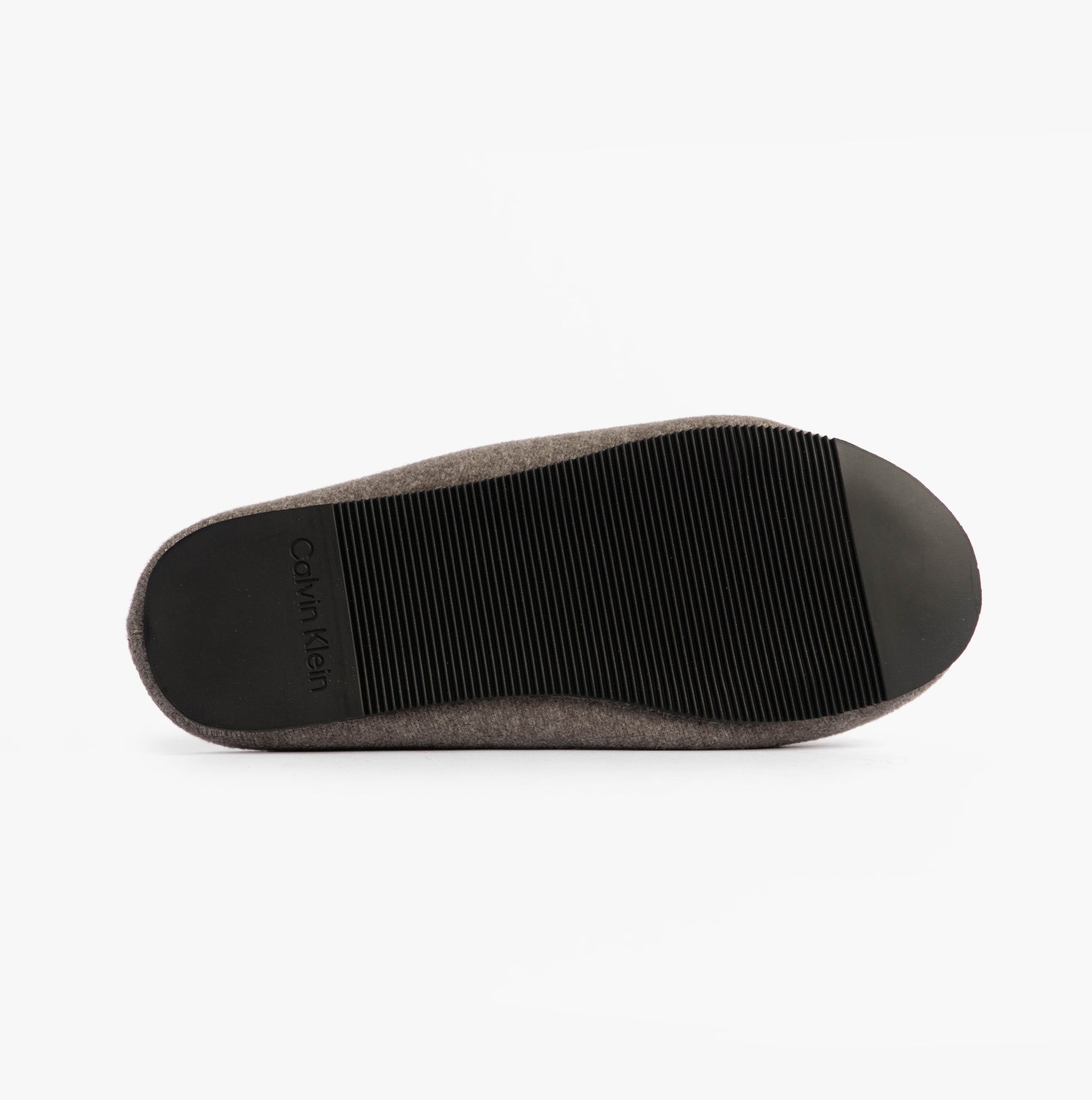 Calvin Klein Mens HOME Felt Signature Logo Mule Slippers Grey bottom view showing TPR sole and textured grip.