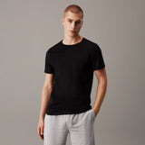 Calvin Klein 100% COTTON 3 Pack Mens T-Shirts Black/Grey Heather/White front view model wearing black t-shirt.