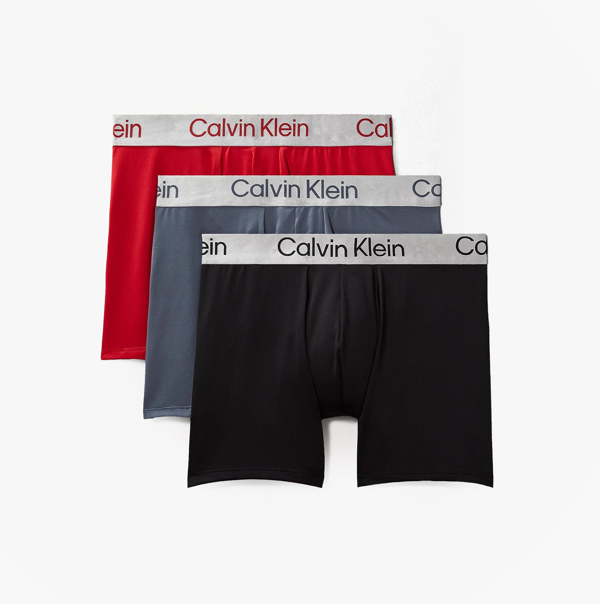Calvin Klein LV00NB4124 BOXER BRIEF 3 PACK Mens Low Rise Trunks Multicoloured front view of three boxer briefs in red, gray, and black.