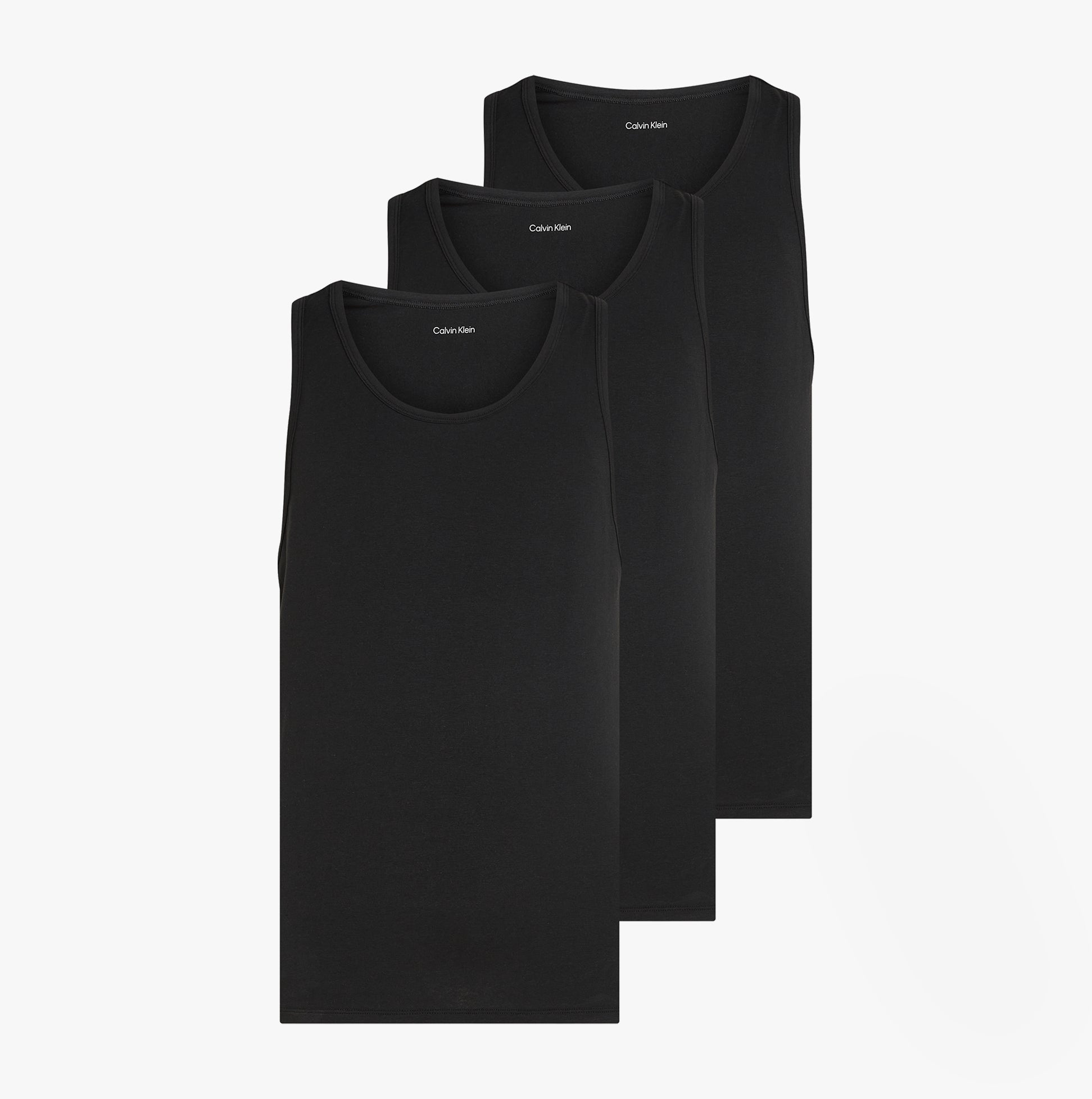 Calvin Klein 3 Pack Mens Lounge Tank Tops Black front view showcasing three black sleeveless vests.