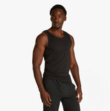 Calvin Klein 3 Pack Mens Lounge Tank Tops Black, front view model wearing a black sleeveless tank top.