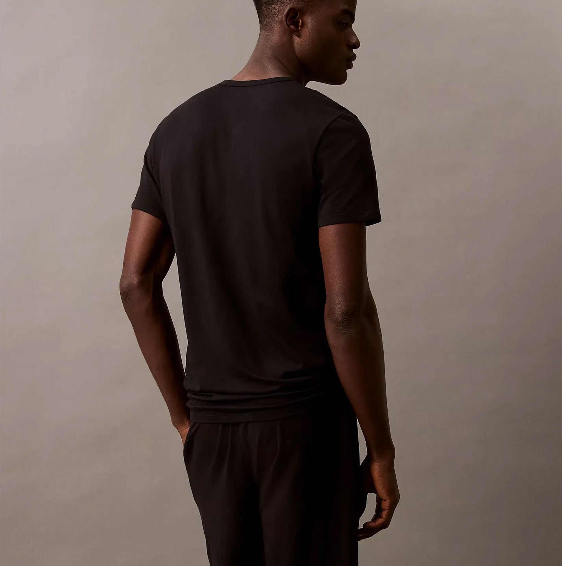 Calvin Klein MICRO STRETCH 3 Pack Mens T-Shirts Black back view model wearing t-shirt in black
