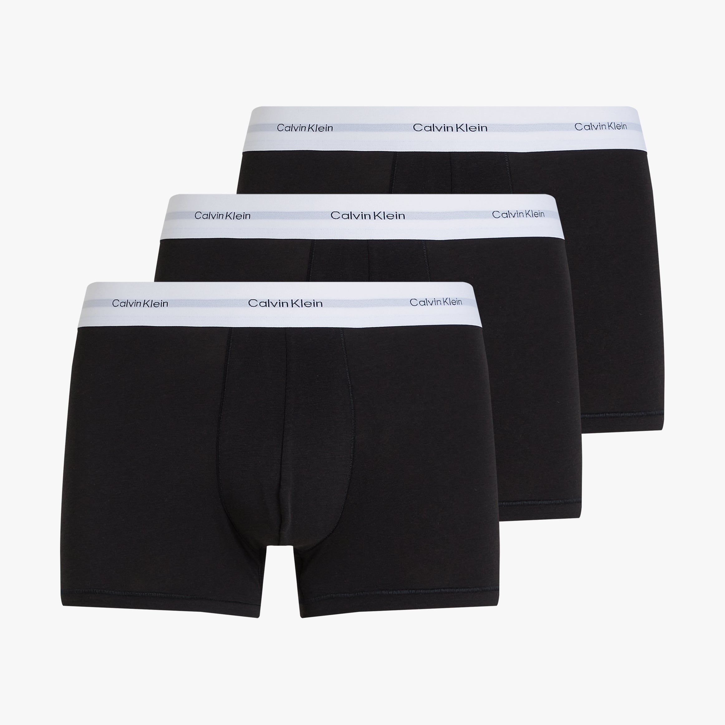 Calvin Klein COTTON 3 Pack Mens Trunks Black front view showcasing three pairs with branded waistband.