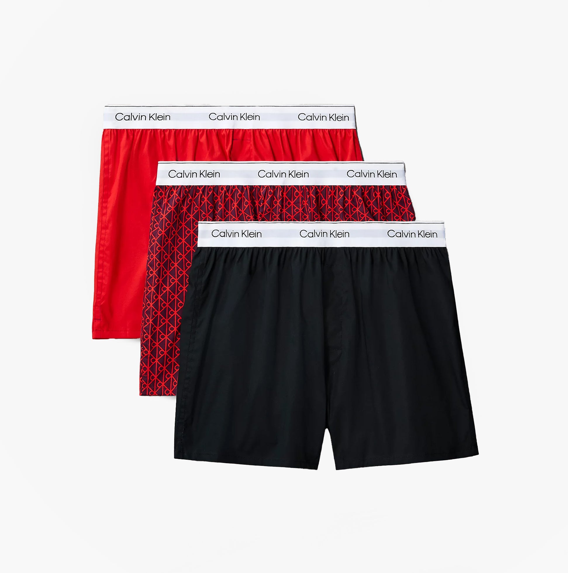 Calvin Klein BOXER SLIM 3 Pack Mens Cotton Stretch Multicoloured, front view showing red, patterned red and black boxers.
