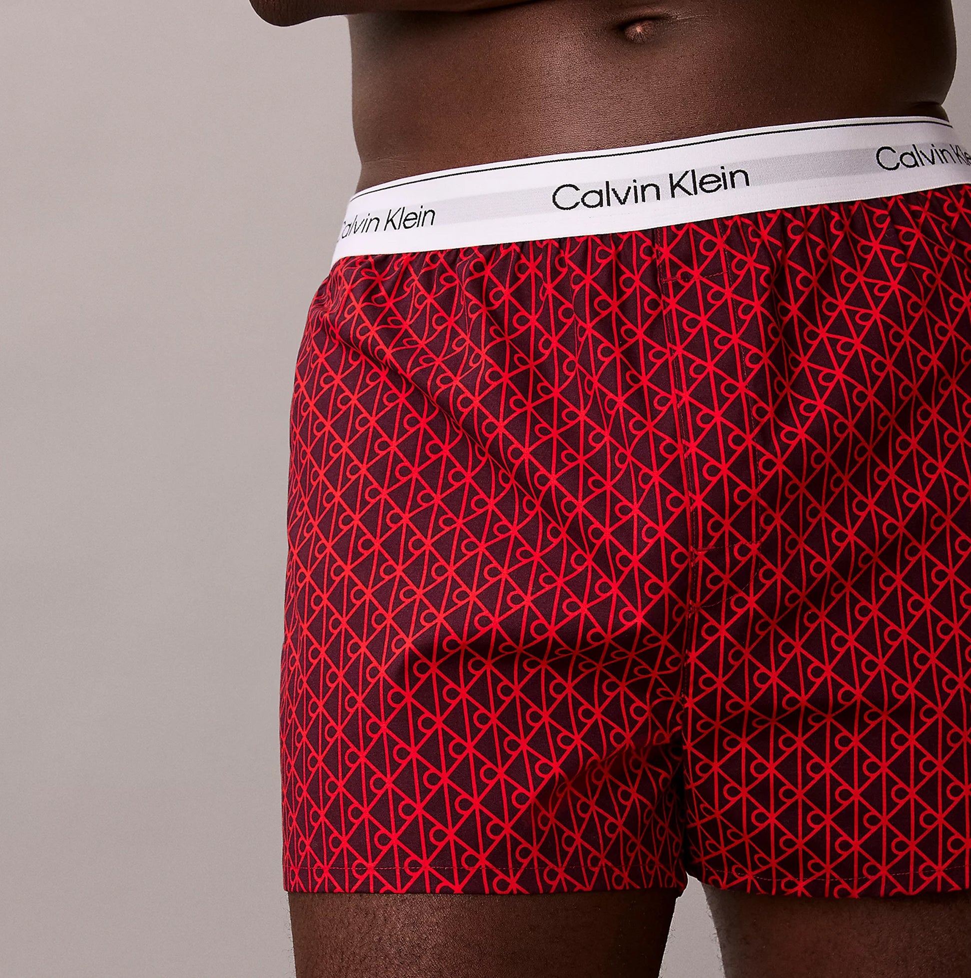 Calvin Klein BOXER SLIM 3 Pack Mens Cotton Stretch Multicoloured side view of red patterned boxers with logo waistband