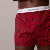 Calvin Klein BOXER SLIM 3 Pack Mens Cotton Stretch Multicoloured side view of red patterned boxers with logo waistband