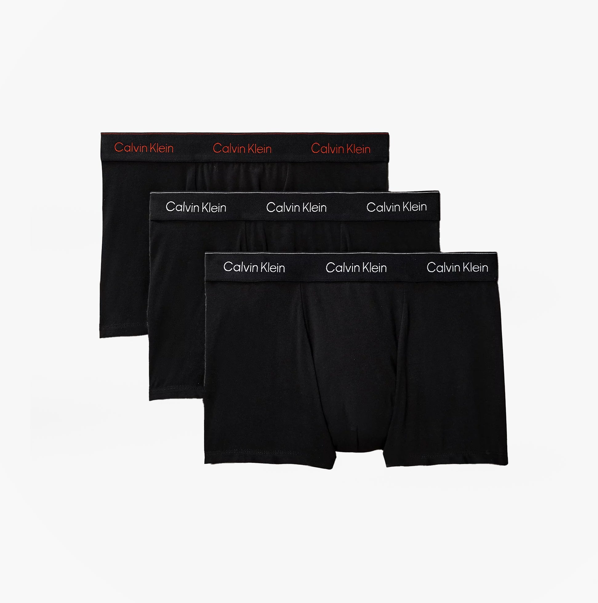 Calvin Klein RELAXED FIT Mens 3 Pack Trunks Multicoloured front view showcasing black trunks with logoed waistbands.