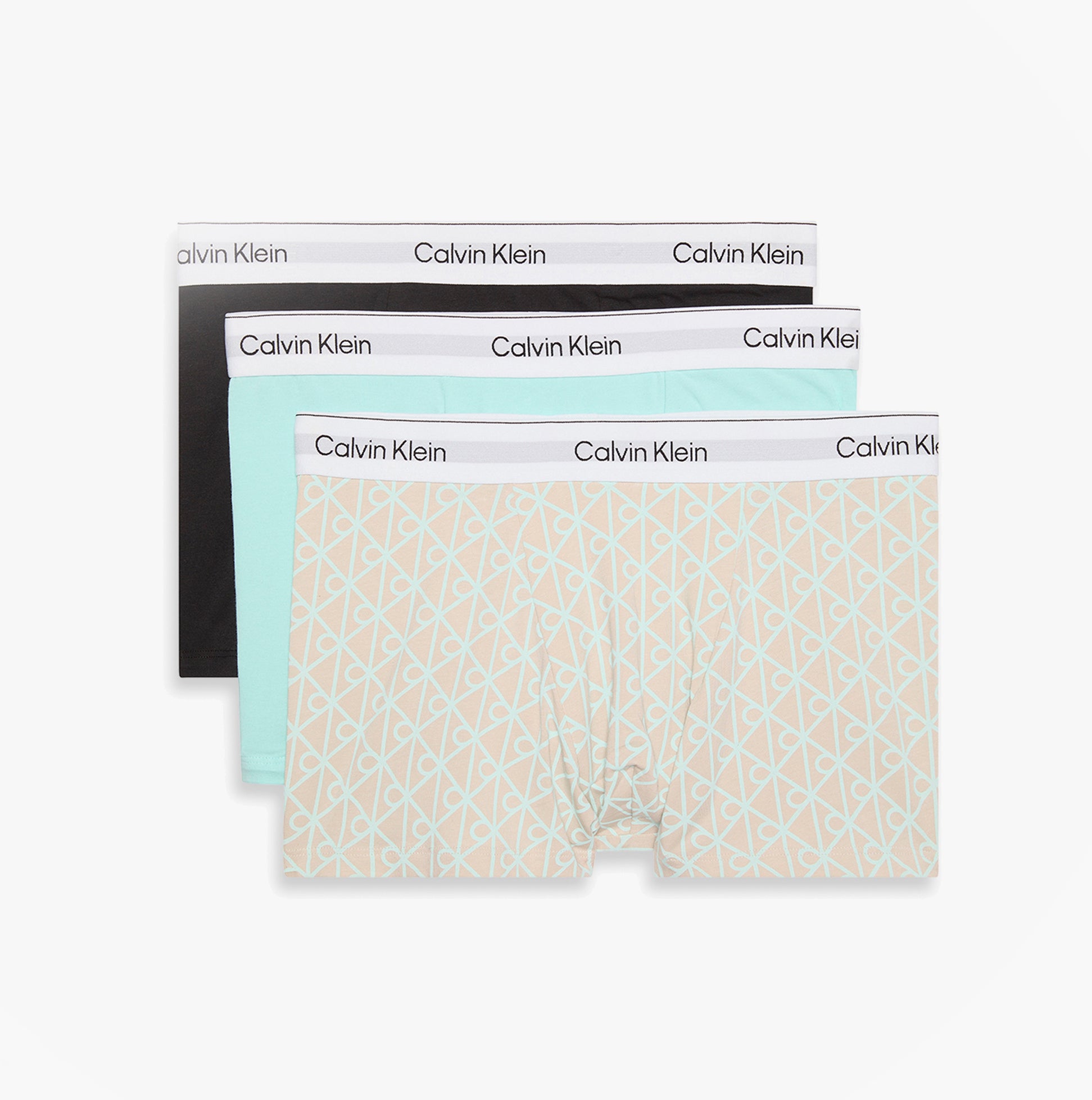 Calvin Klein COTTON BLEND Mens 3 Pack Trunks Multicoloured, front view showcasing three trunks in black, mint, and patterned designs.