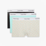 Calvin Klein COTTON BLEND Mens 3 Pack Trunks Multicoloured, front view showcasing three trunks in black, mint, and patterned designs.