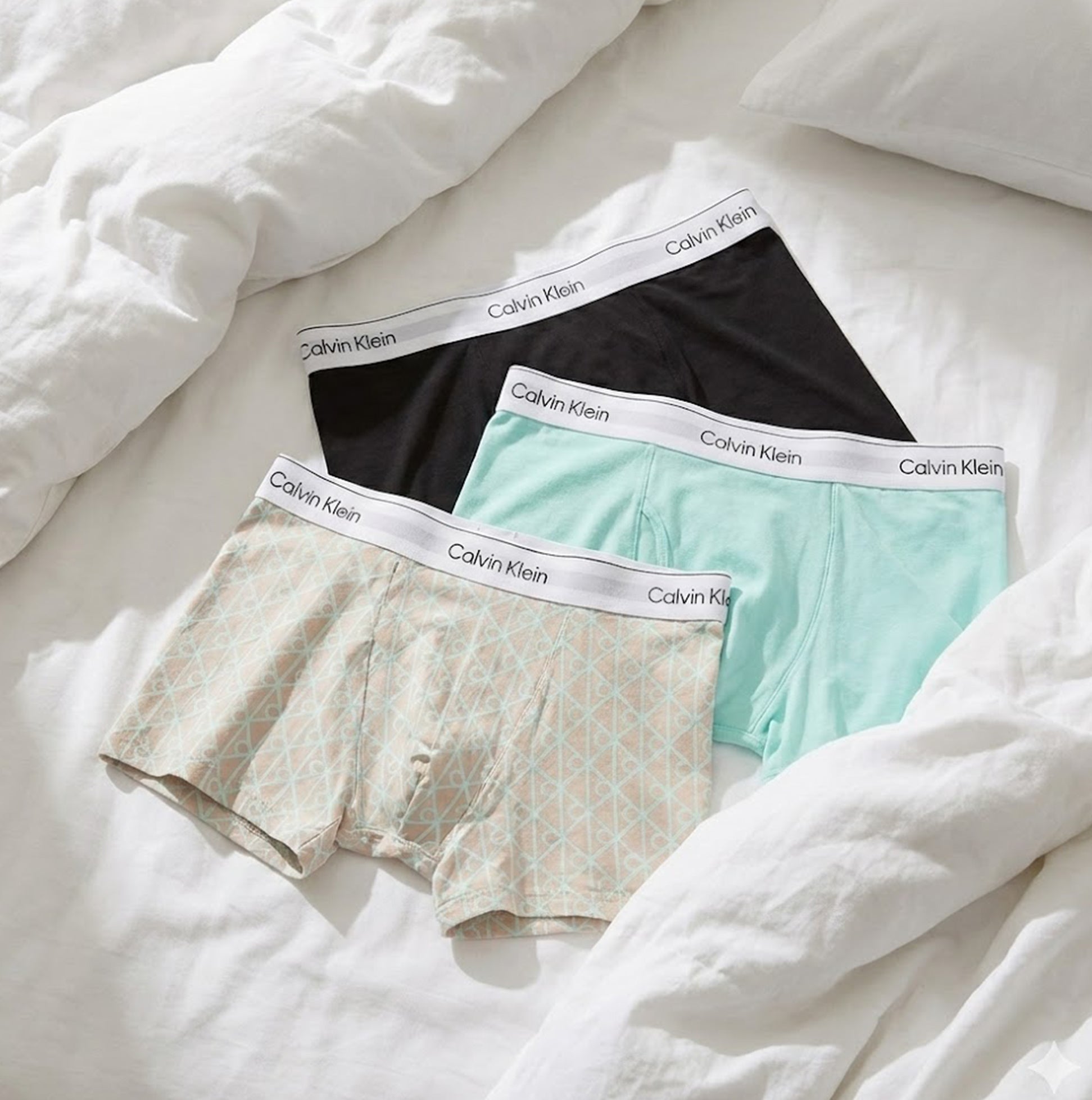 Calvin Klein COTTON BLEND Mens 3 Pack Trunks Multicoloured displayed on a bed, showing black, mint, and patterned trunks.