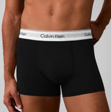 Calvin Klein COTTON BLEND Mens 3 Pack Trunks Multicoloured side view showing black trunk with logo waistband.