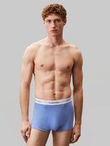 Calvin Klein ICON COTTON STRETCH 3 Pack Mens Dart Trunks Multicoloured front view model wearing light blue trunks with logo waistband.