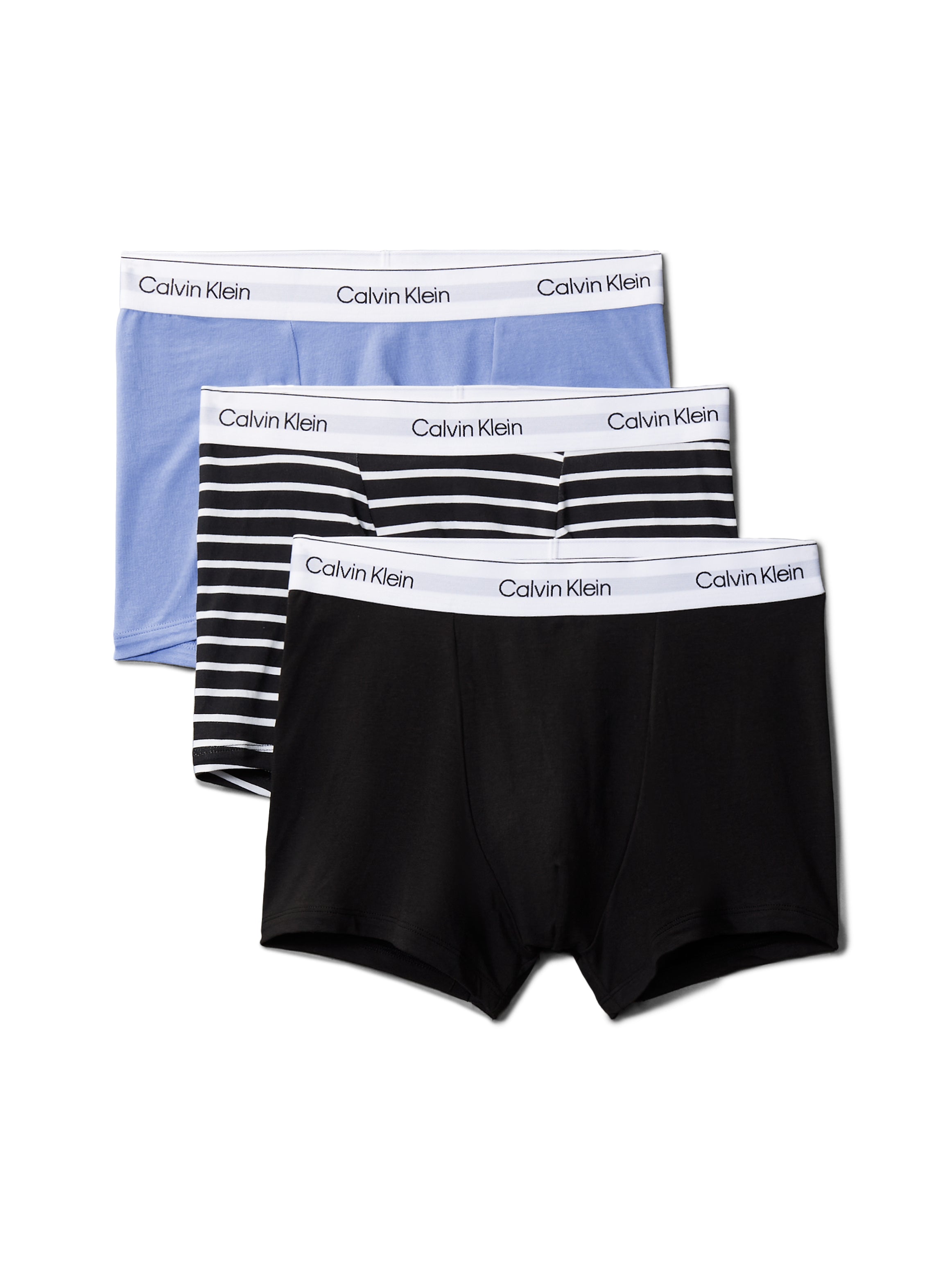 Calvin Klein ICON COTTON STRETCH 3 Pack Mens Dart Trunks Multicoloured side view showing blue, striped, and black trunks.