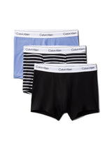 Calvin Klein ICON COTTON STRETCH 3 Pack Mens Dart Trunks Multicoloured side view showing blue, striped, and black trunks.