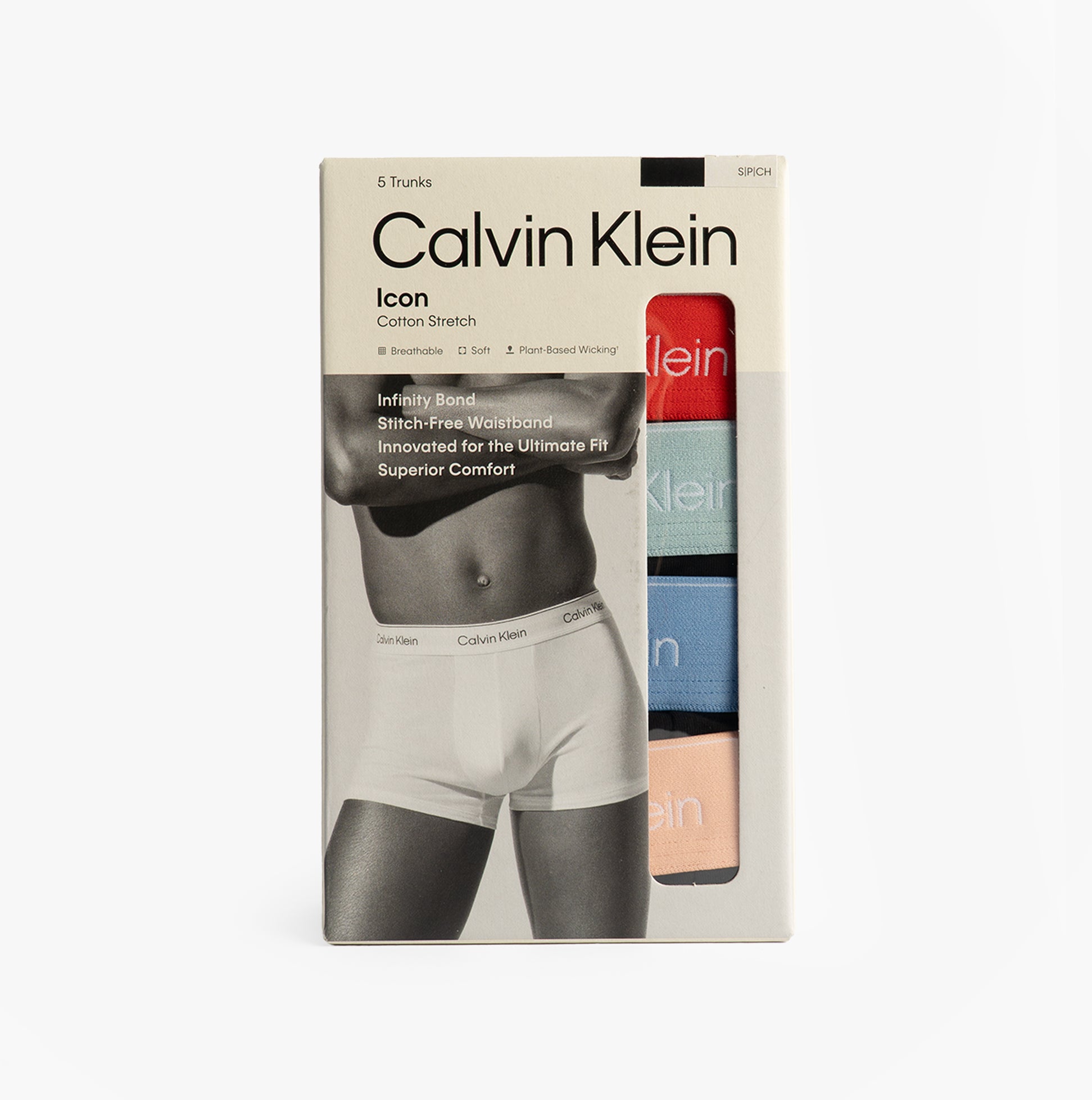 Calvin Klein TRUNK 5 Pack Mens Multicoloured front view packaging showcasing trunks in assorted colors.