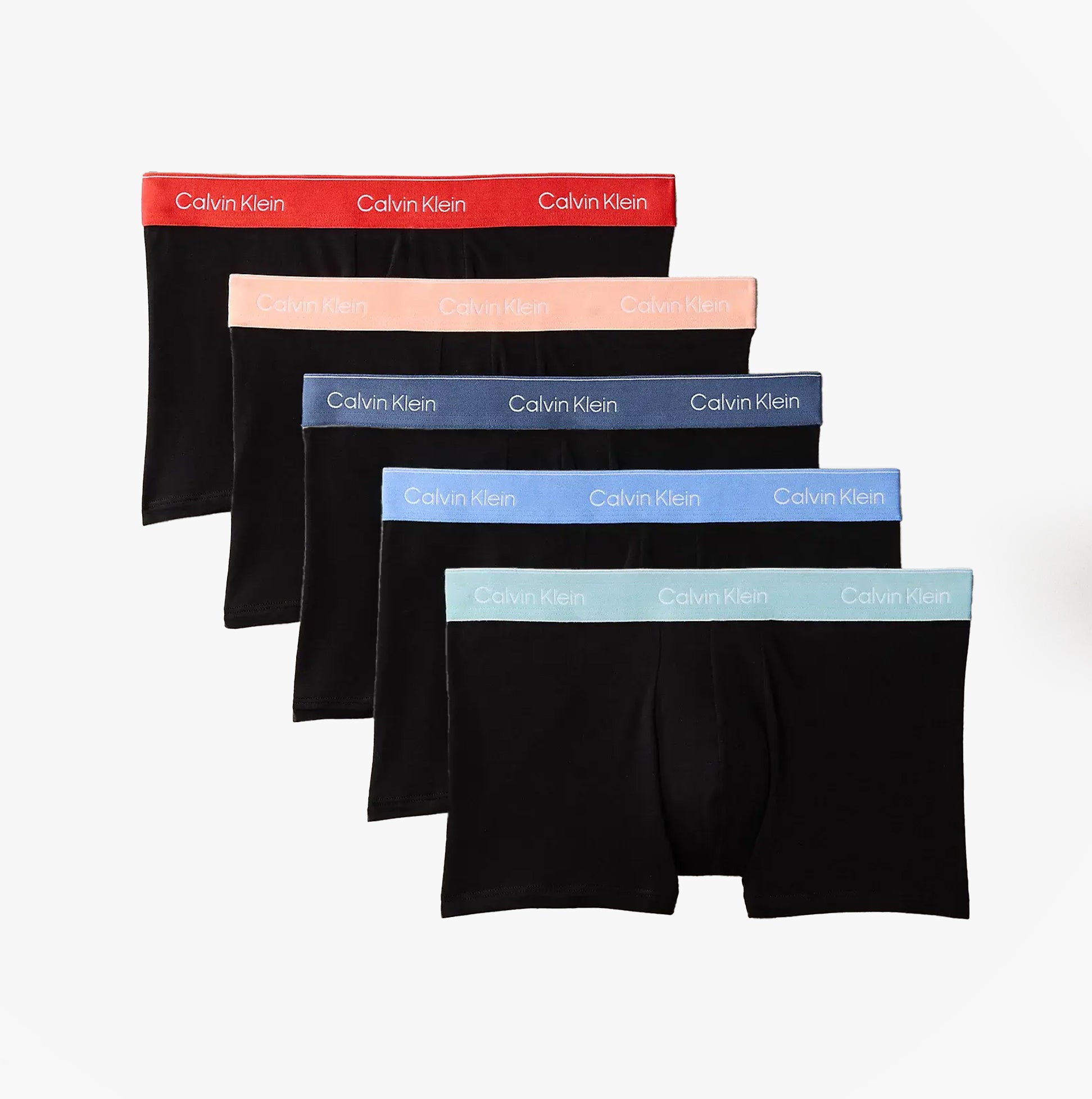 Calvin Klein TRUNK 5 Pack Mens Multicoloured front view showcasing black trunks with assorted colored waistbands.
