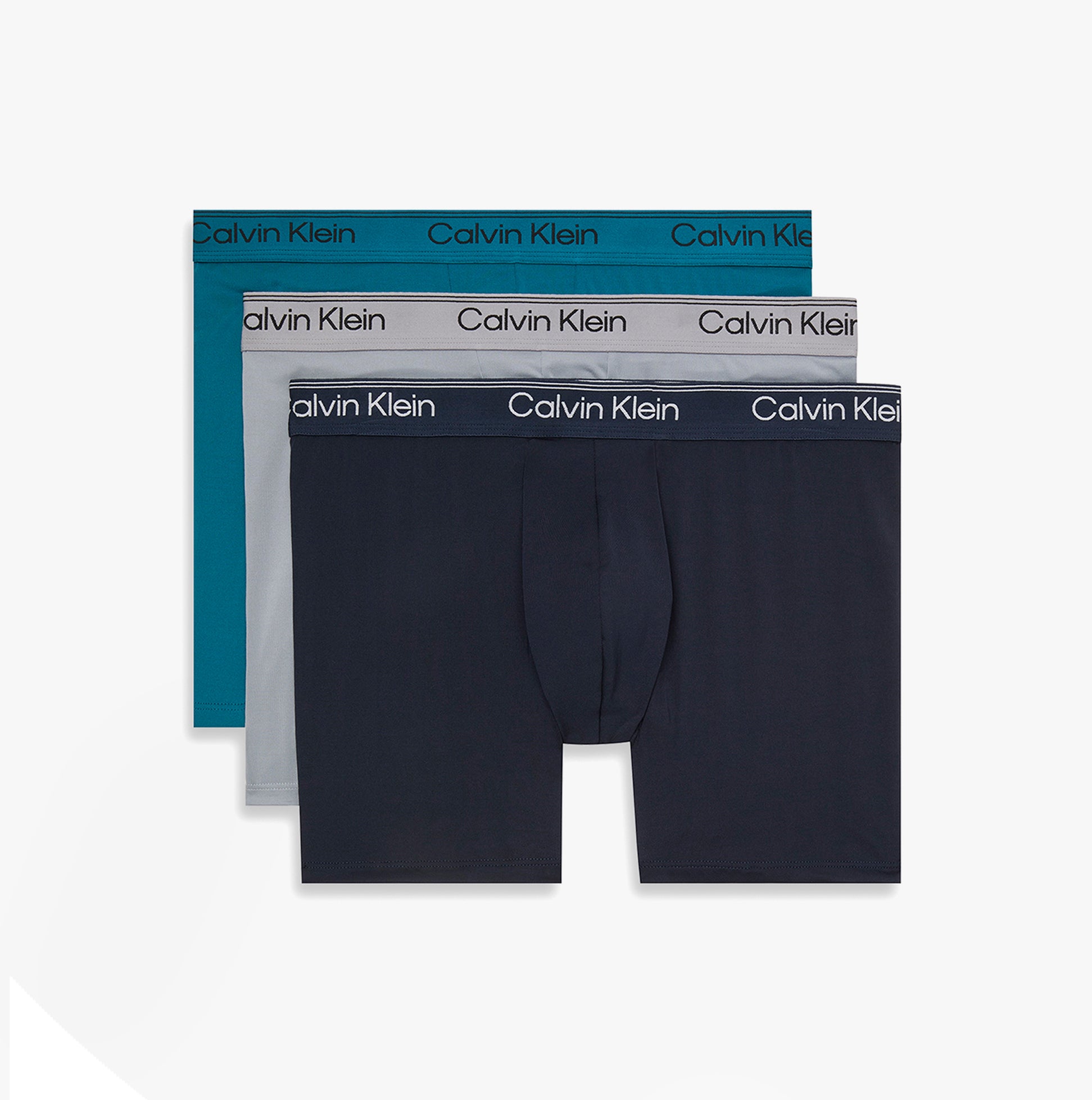 Calvin Klein BOXER BRIEF 3 Pack Mens Microfibre Stretch Multicoloured side view showing three colors: navy, grey, and teal.