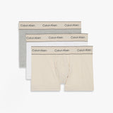 Calvin Klein TRUNK 3 PACK Mens Cotten Stretch Multicoloured front view showing beige, gray, and white trunks with logo waistband.