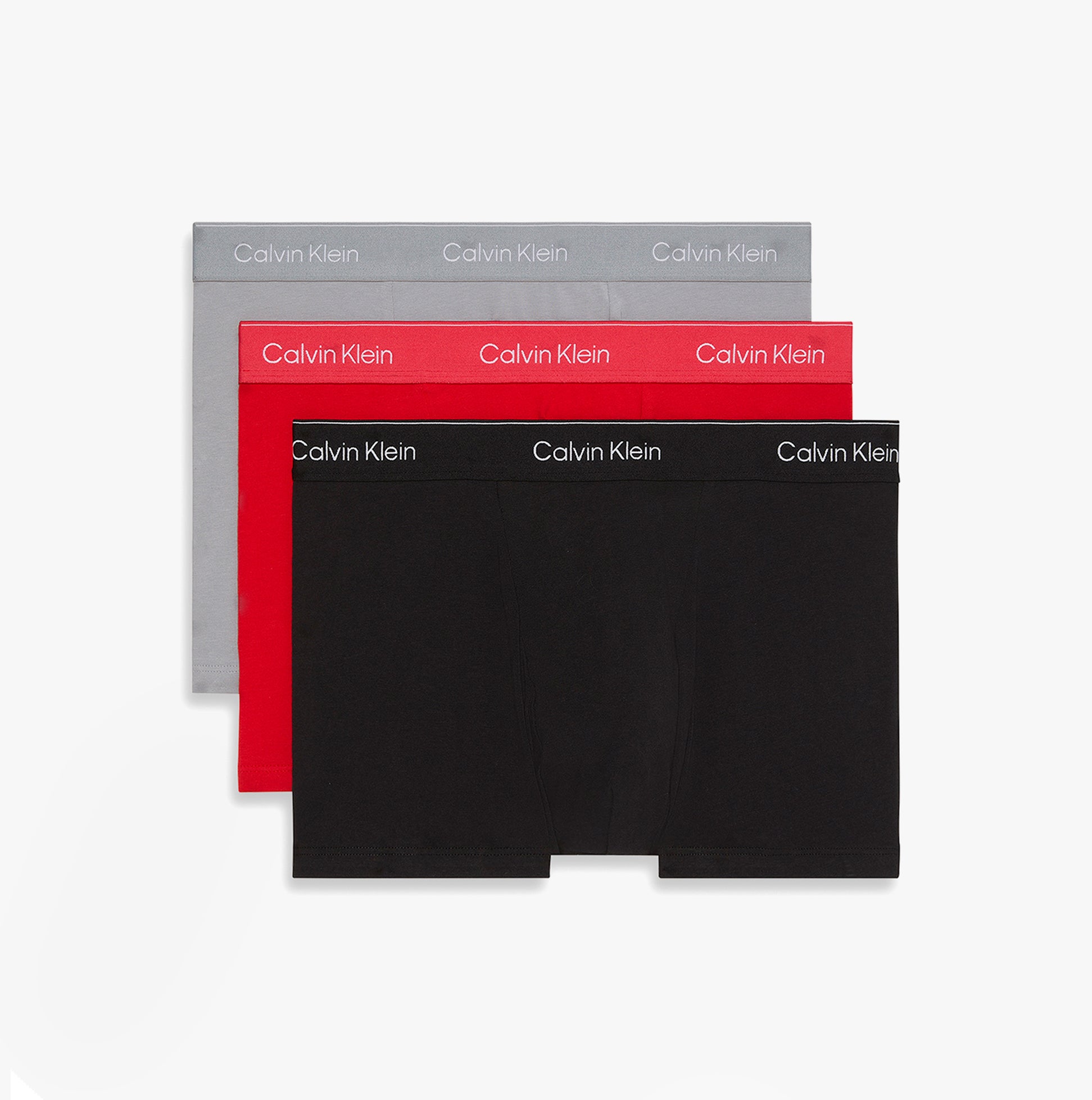 Calvin Klein RELAXED FIT Mens 3 Pack Trunks Multicoloured front view featuring black, red, and grey trunks.