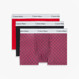 Calvin Klein RELAXED FIT 3 Pack Mens Trunks Multicoloured front view showing red, black, and patterned designs.