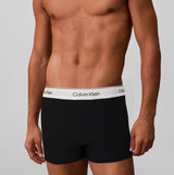 Calvin Klein RELAXED FIT 3 Pack Mens Trunks Multicoloured front view model wearing black trunks with logo waistband.