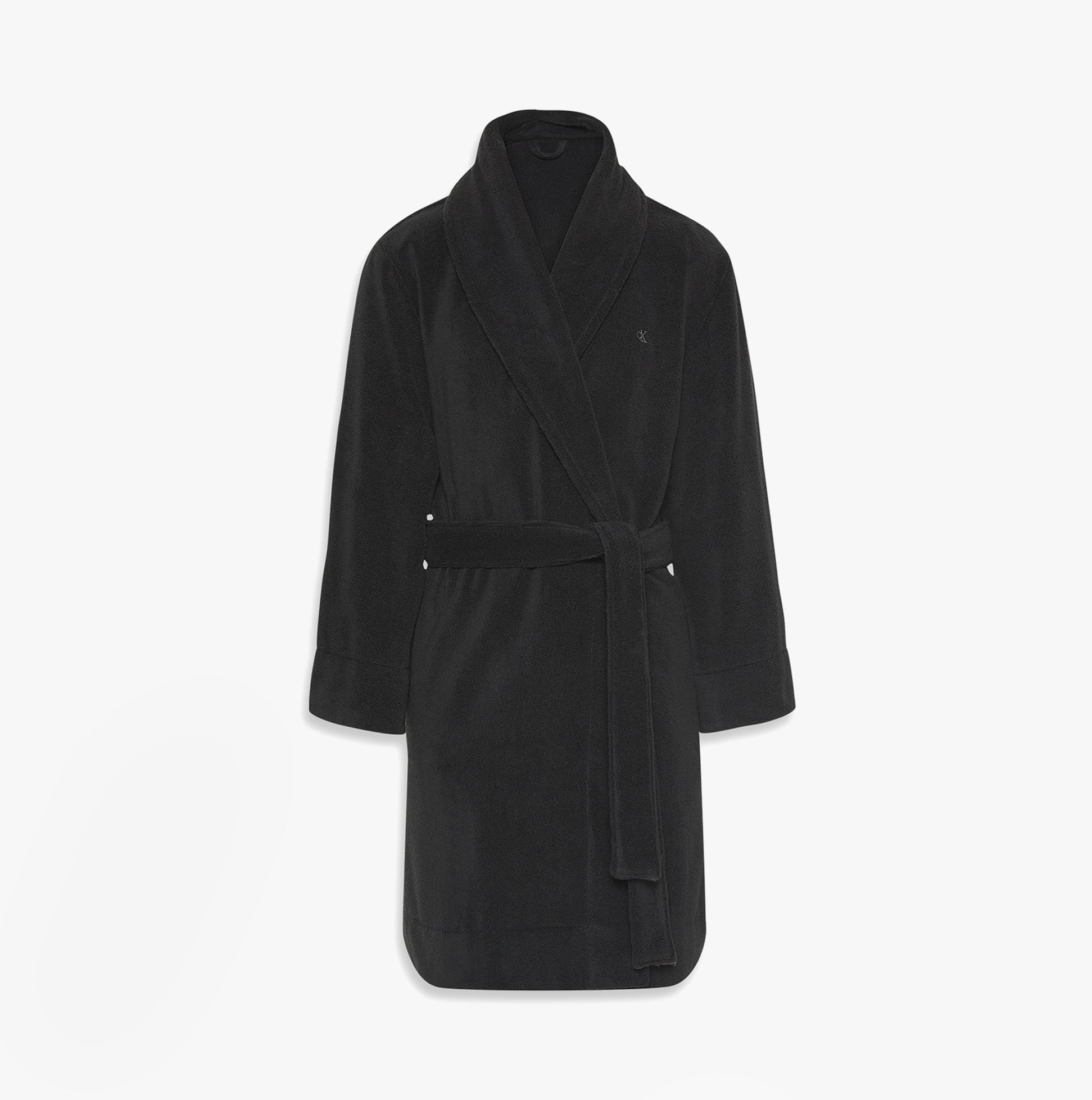 Calvin Klein COMFORT FRENCH TERRY Mens Bathrobes Black front view showcasing cozy long sleeve design.