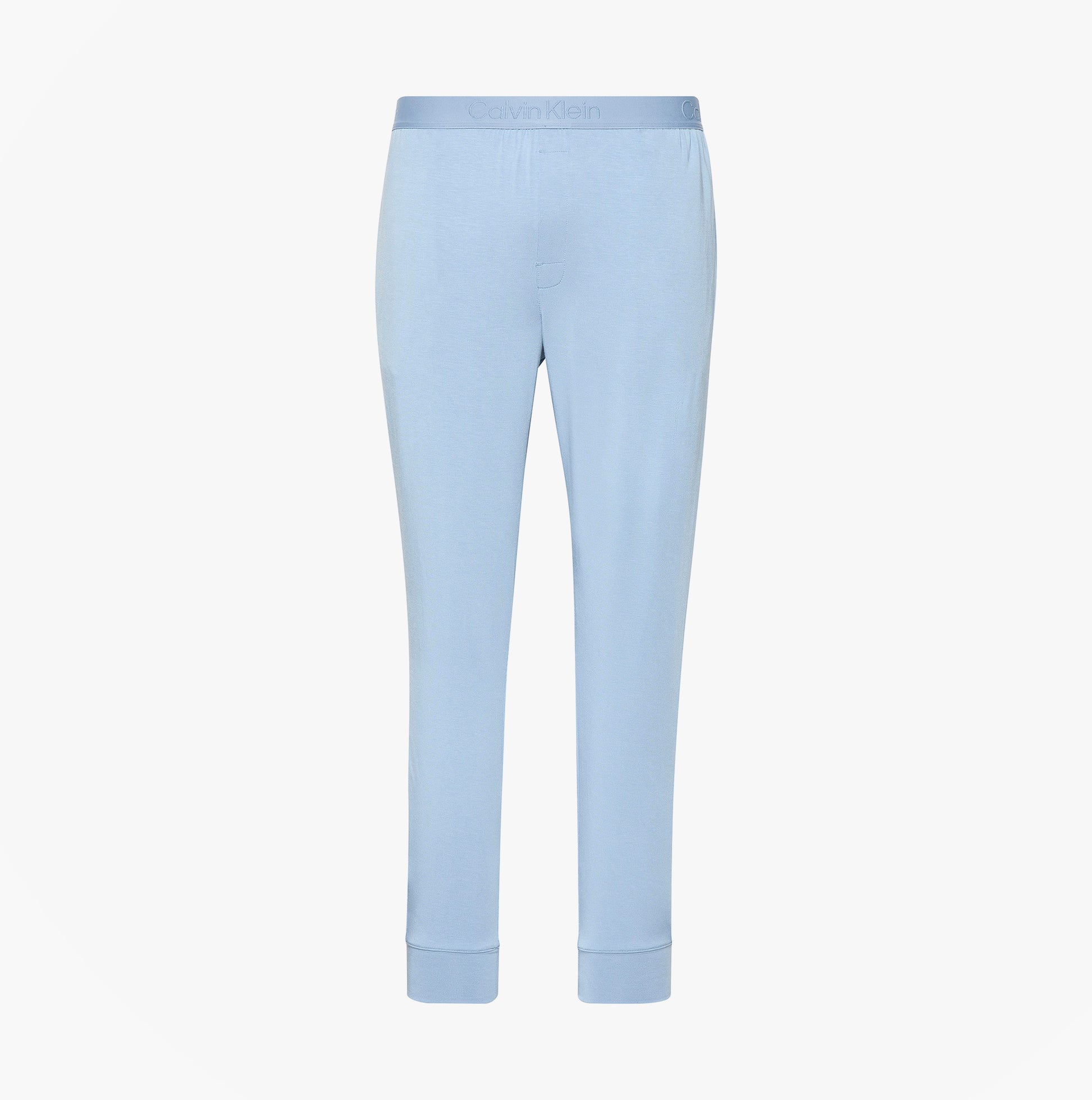 Calvin Klein ULTRA SOFT MODAL Mens Lounge Joggers Faded Denim front view showcasing cuffed tapered legs and elastic waistband.